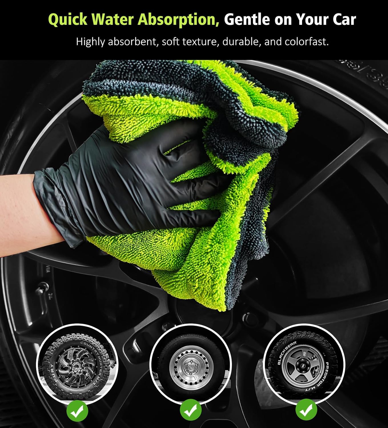 2-Pack Car Drying Towels, 16"x 16" Microfiber Drying Towel for Car Detailing, 1400 GSM High Absorbent Edgeless Streak Free Car Wash Drying Towels for Car Truck SUV, Green&Gray