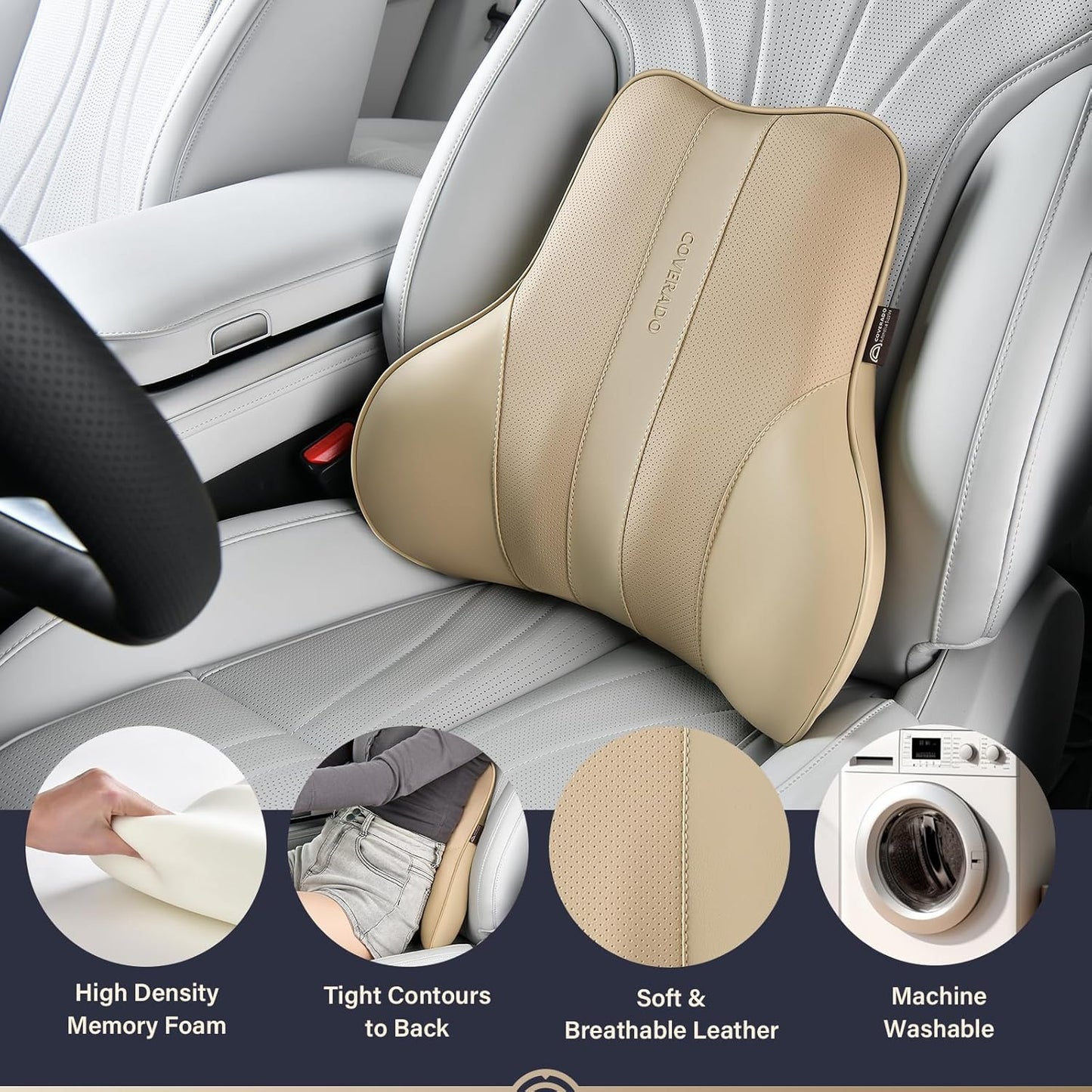 Coverado Lumbar Support Pillow for Car, Ergonomic Memory Foam Back Pillow for Office Chair, Back Cushion for Back Pain Relief, PU Leather Car Lumbar Support for Driving Seat - Beige