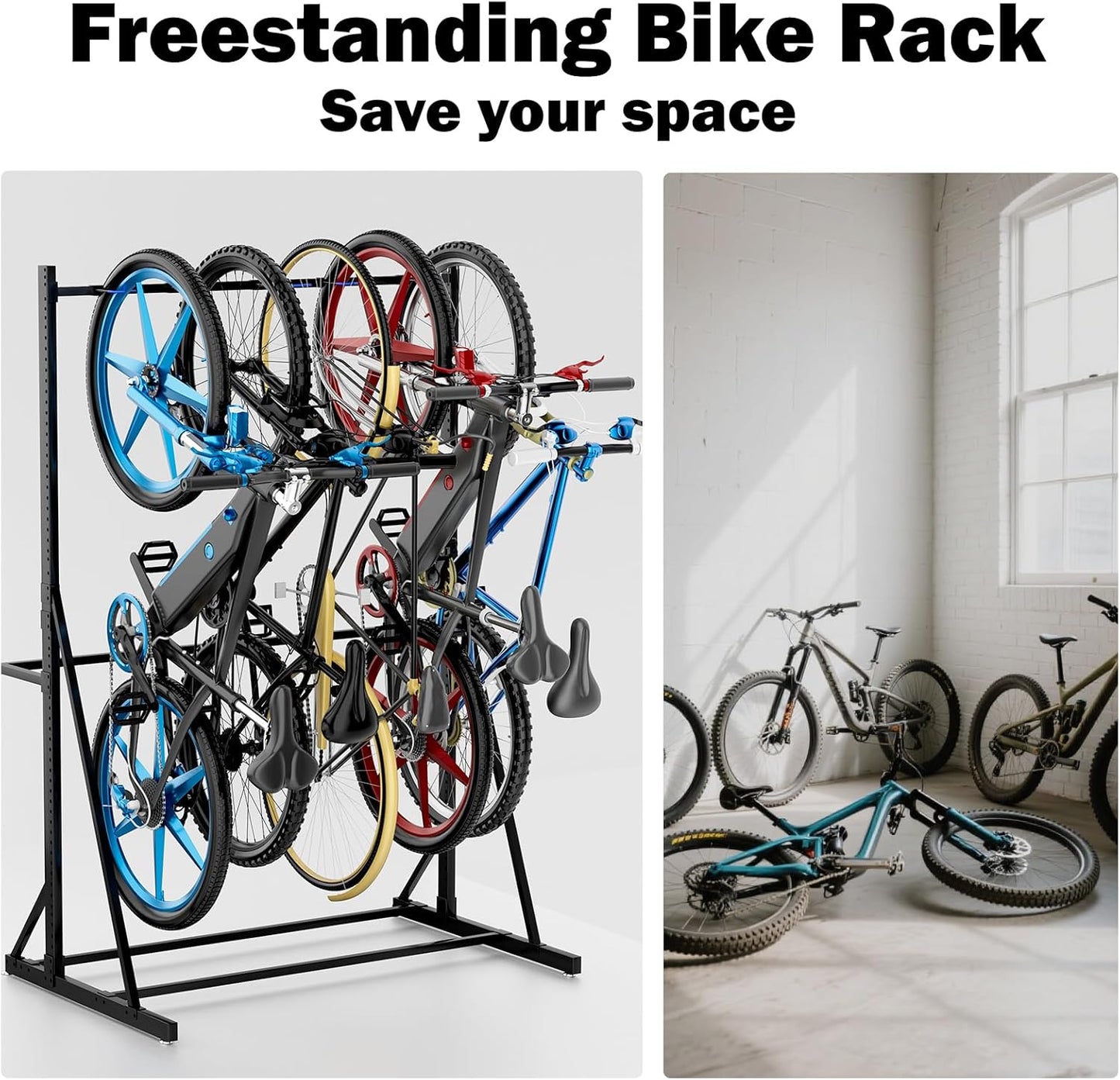 Freestanding Bike Storage Rack, Heavy Duty Vertical Bike Rack with 300LB Capacity, Hold 5 Bikes, Indoor Bicycle Organizer for Garage Storage with No Drilling Needed