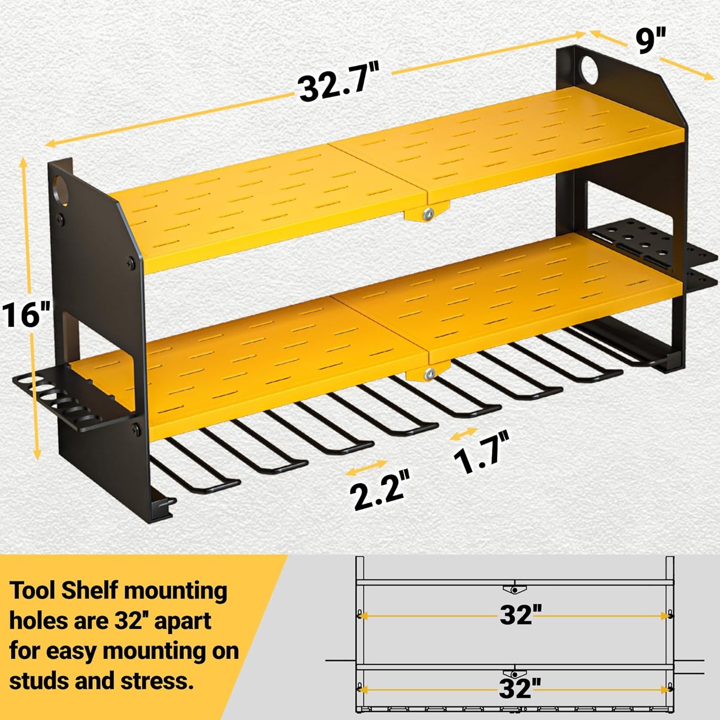 YYR Power Tool Organizer Wall Mount, Cordless Drill and Battery Holder, Electric Tools Hanger Storage Rack with Charging Station, Garage Organization Floating Shelf - Made of Heavy Duty Metal, Yellow