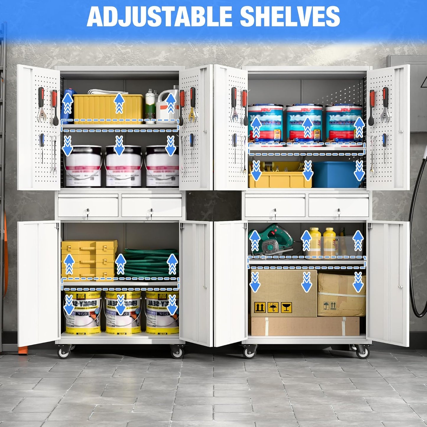 Metal Garage Storage Cabinet with Locking Doors and 2 Adjustable Shelves, Rolling Tool Storage Cabinet with 4 Wheels and 2 Drawer for Garage, Warehouse, White and Gray, Assembly Required