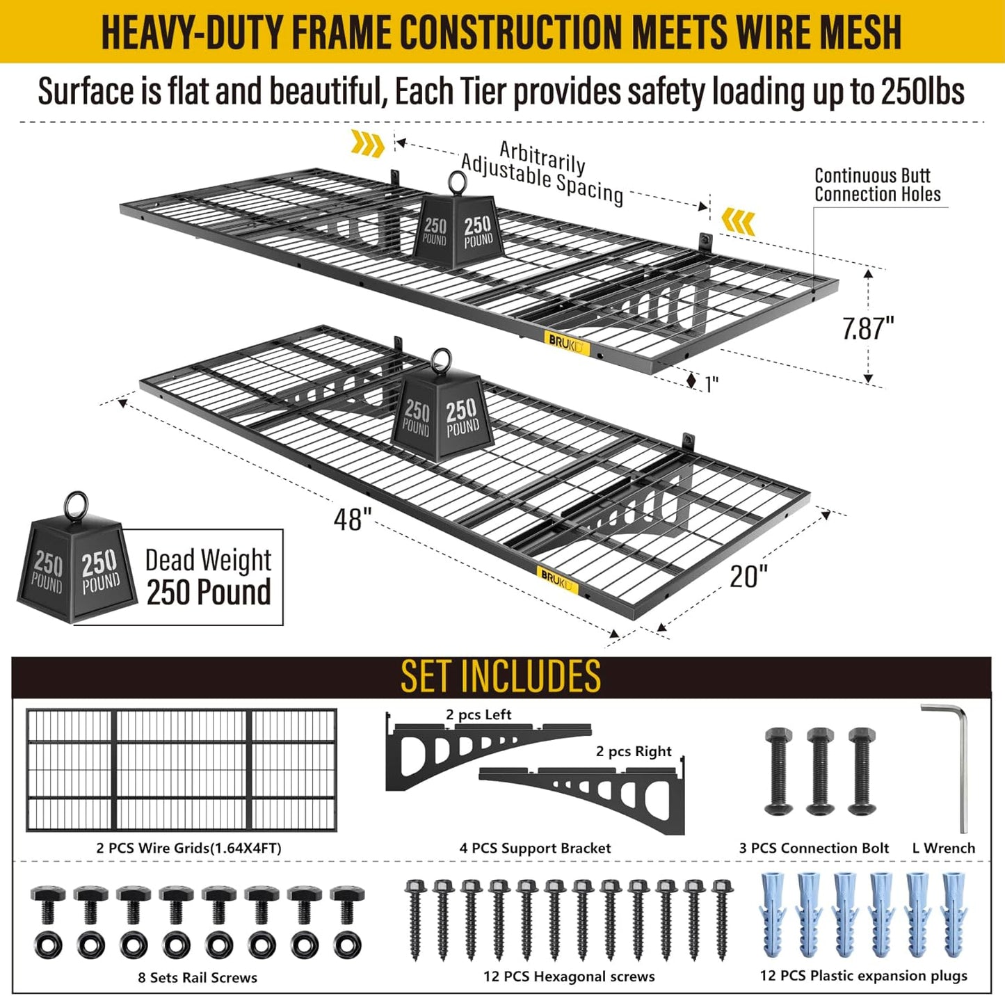 1.64x4ft Adjustable Rail Wall Garage Storage Shelf, for Tool Room, Storage Room, Store Supermarket Wall Storage Shelving Rack (2 Pack-Black)