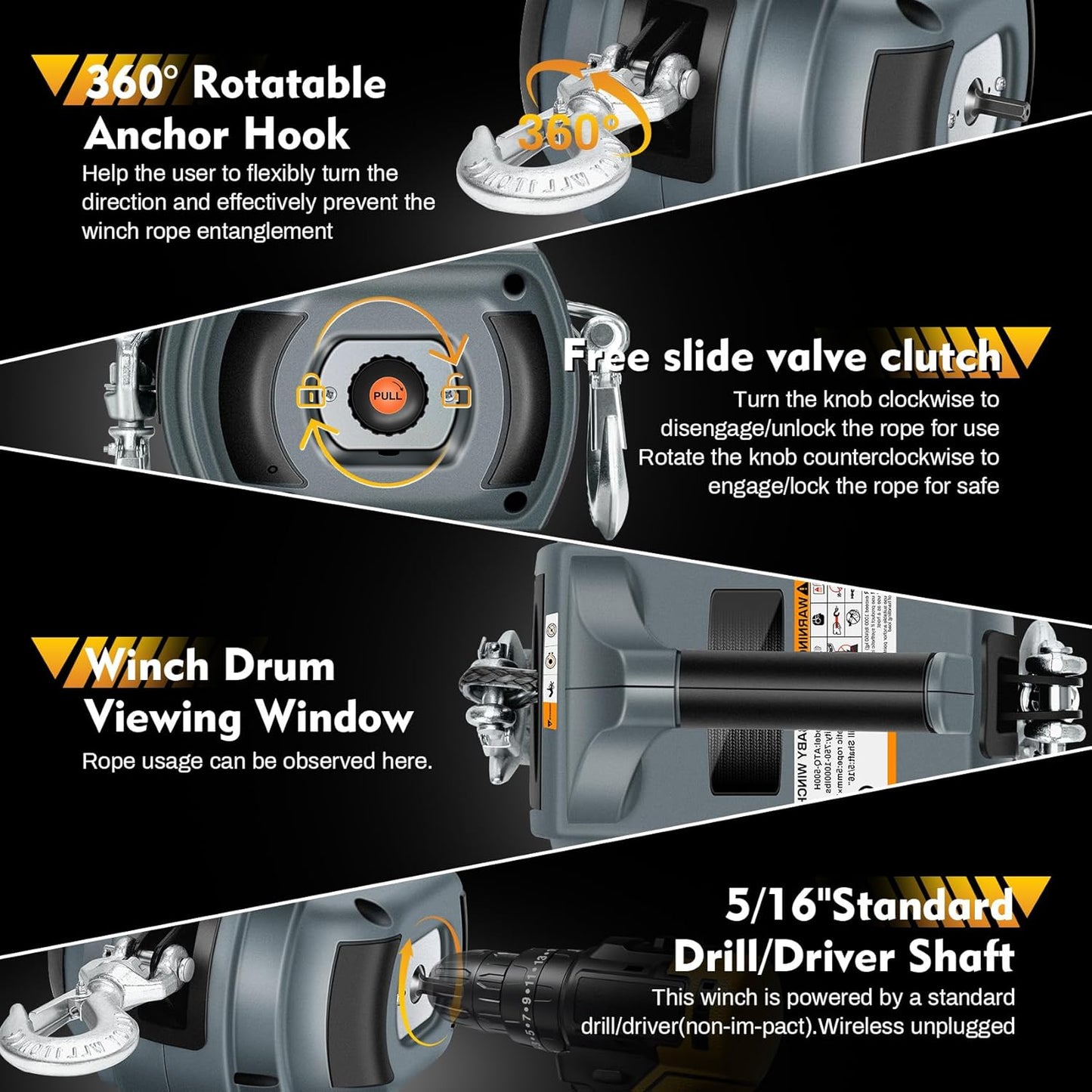 Portable Drill Winch of 1000 LB, Black Handheld Drill Winch with 40 Foot Synthetic Rope, Rotate The Hook 360 Degrees, for Lifting & Dragging