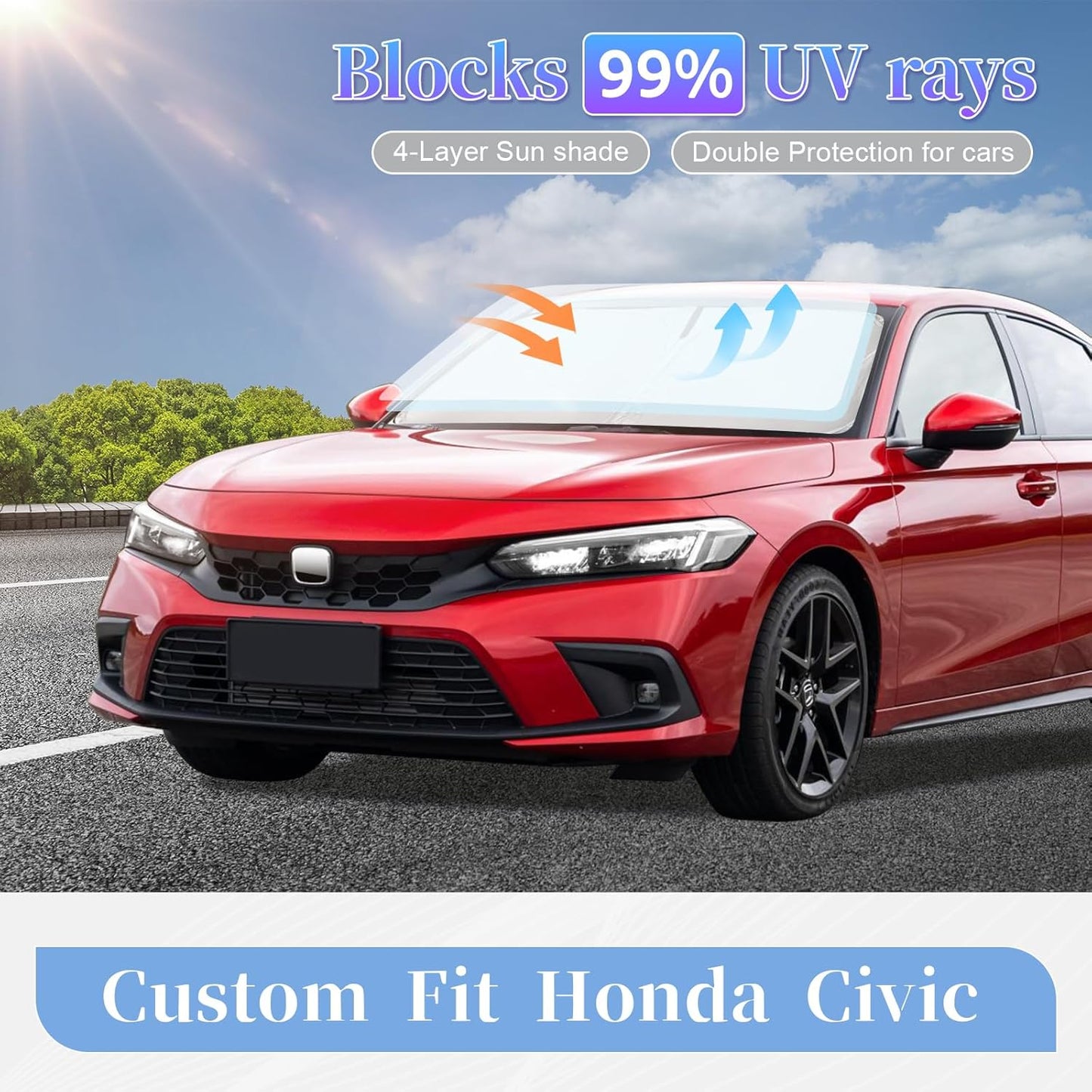 for Honda Civic 2022-2024 2025 Sun Shade Sunshade Windshield Cover, 4-Layer Front Window Shade Custom Fit Civic (Not for 2022 Sport) Sedan, LX, EX, EX-L, Touring Sun Visor 240T Shade Car Accessories