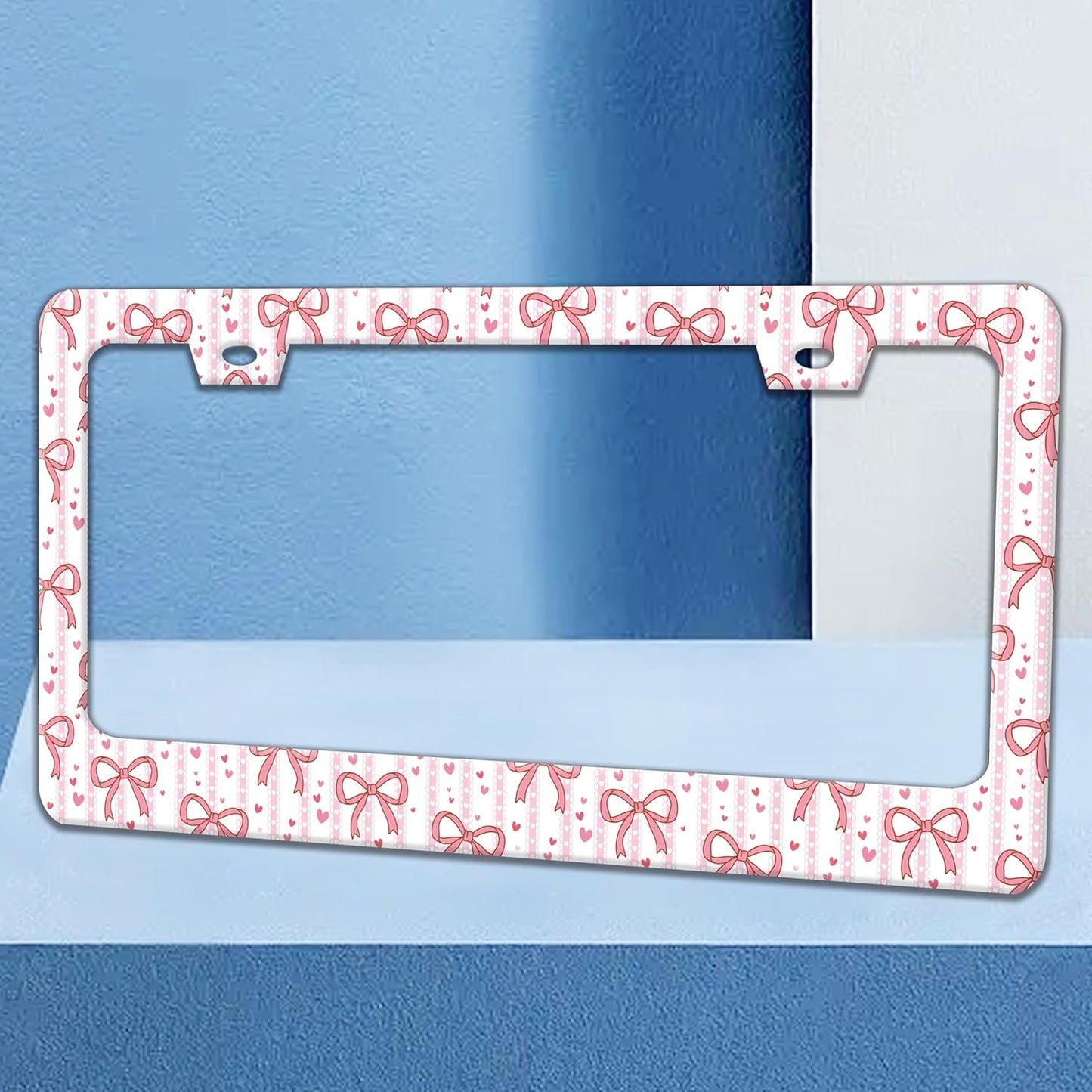 Pink Bow License Plate Frame Cute Bow License Plate Holders Funny Stainless Steel Auto Accessory Bracket 2 Hole with Screws Universal Us Car License Plate Frames 6x12 Inch for Women Men