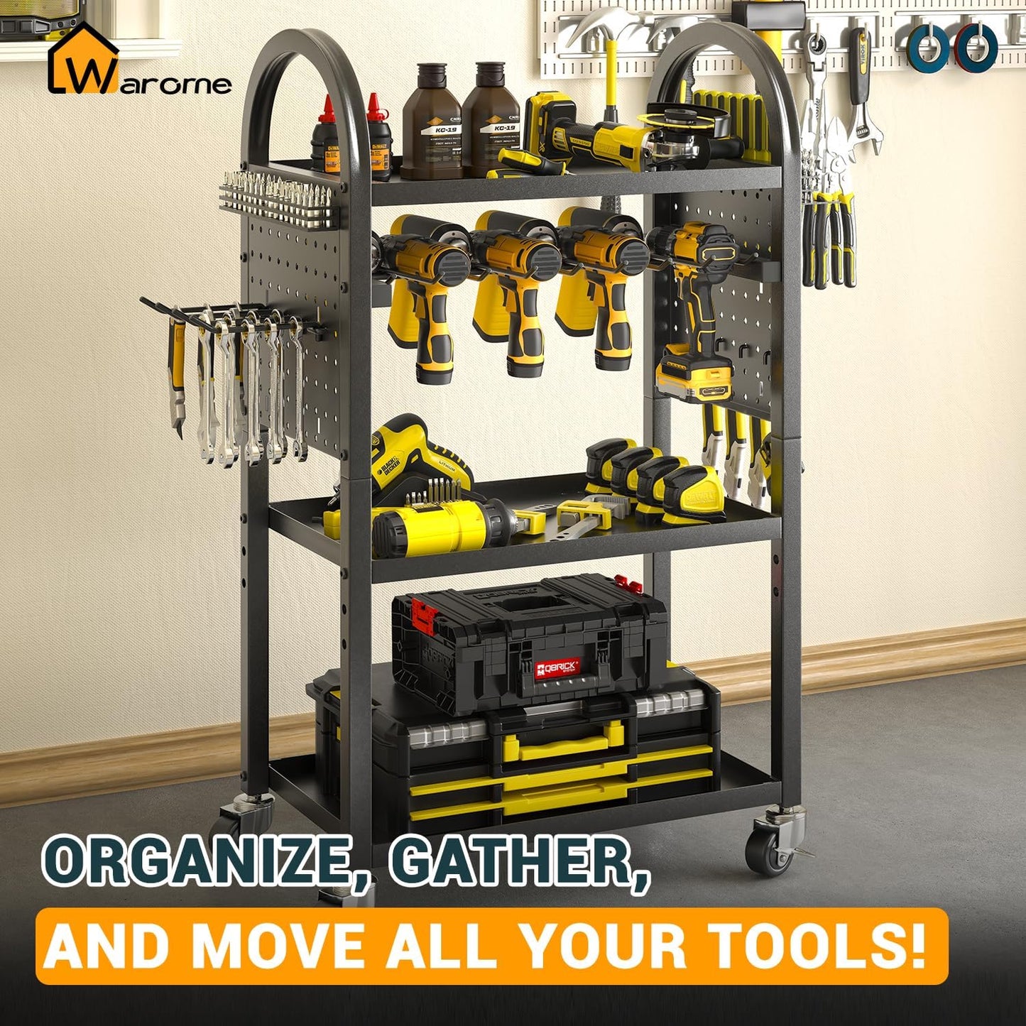 WAROME Power Tool Organizer for Garage,Heavy Duty Tools Holder Storage Rack On Wheels,Floor Standing Rolling Power Tool Cart for Storage and Organization，Father/Husband/Boyfriend/Men/Dad Gift