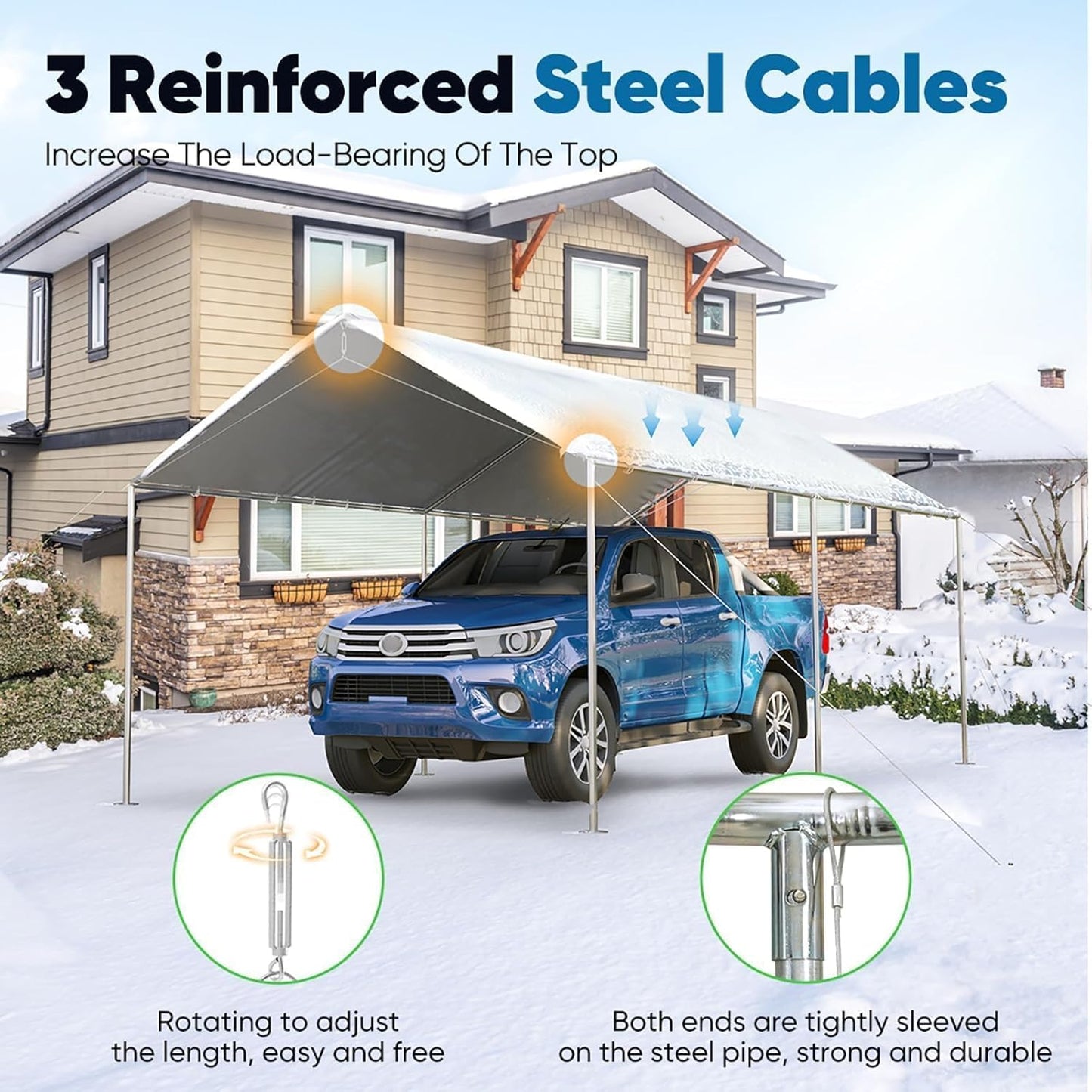 Quictent 10x15 ft Heavy Duty Car Canopy Galvanized Frame Carport Outdoor Party Tent Boat Shelter with 3 Reinforced Steel Cables - Grey