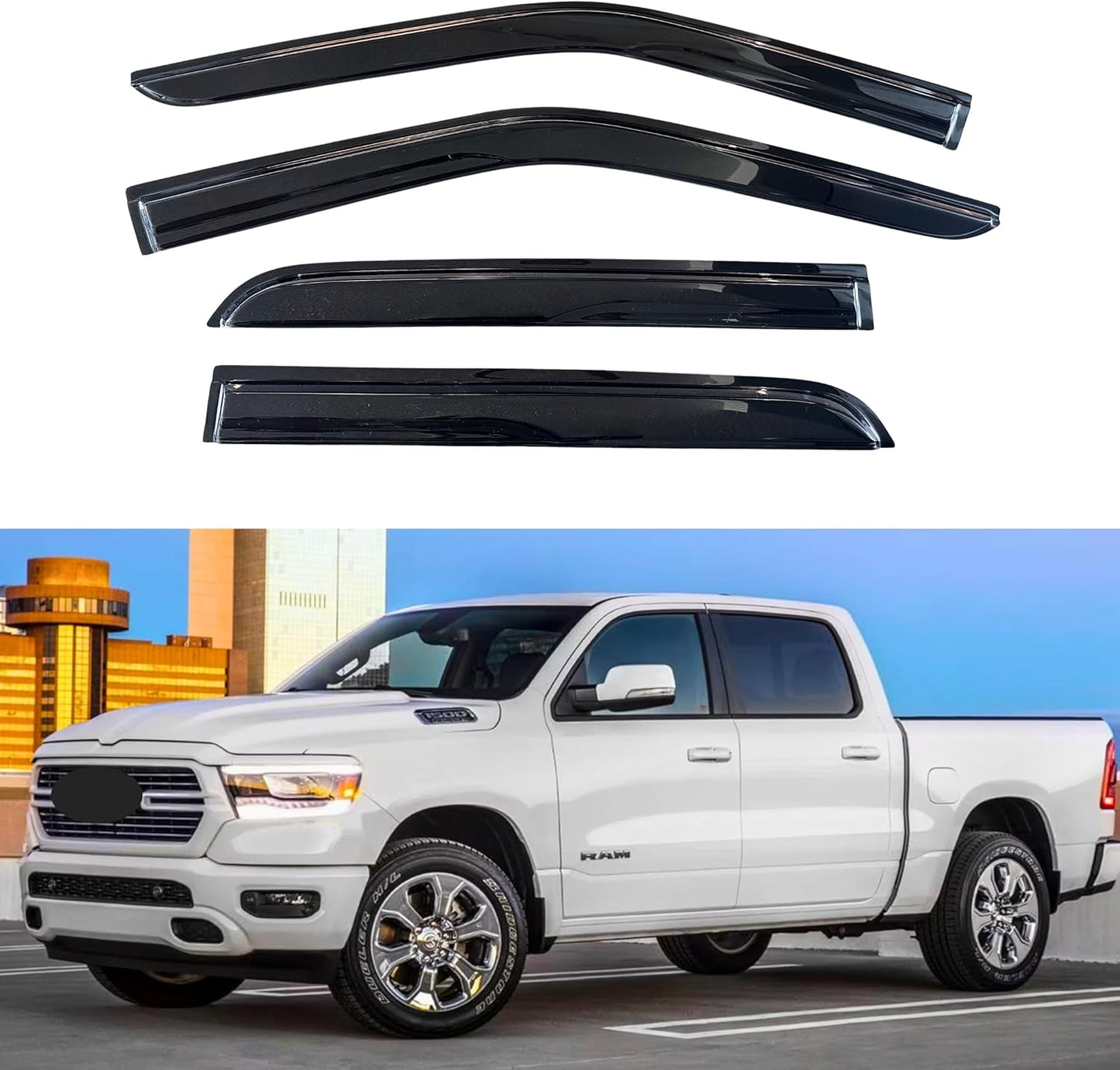 KPY Window Visor Compatible with Dodge RAM 1500 Crew Cab 2019-2025 (New Body Style Only), 4PC Rain Guard Side Window Vent Deflectors Tape-On Mugen Style, 2019 2020 2021 2022 2023 2024 2025