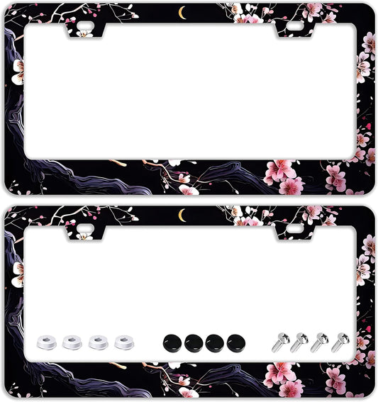 Watercolor Cherry Blossom License Plate Frames - 2 Pcs Set 2 Holes Stainless Steel Metal Auto Car Accessories Decoration License Plate Frame Cover Size 6.3" x 12.2" Fit US Vehicles for Women Men Gift