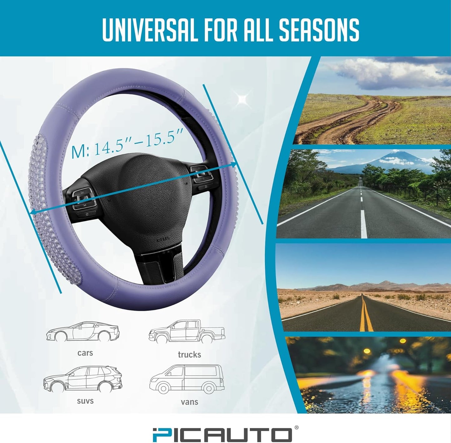 PIC AUTO Gel Particles Steering Wheel Cover, Purple Luxury Leather Car Steering Wheel Protector, Universal Fit 14.5"-15.5" Anti-Slip Car Interior Accessories for Girls & Women