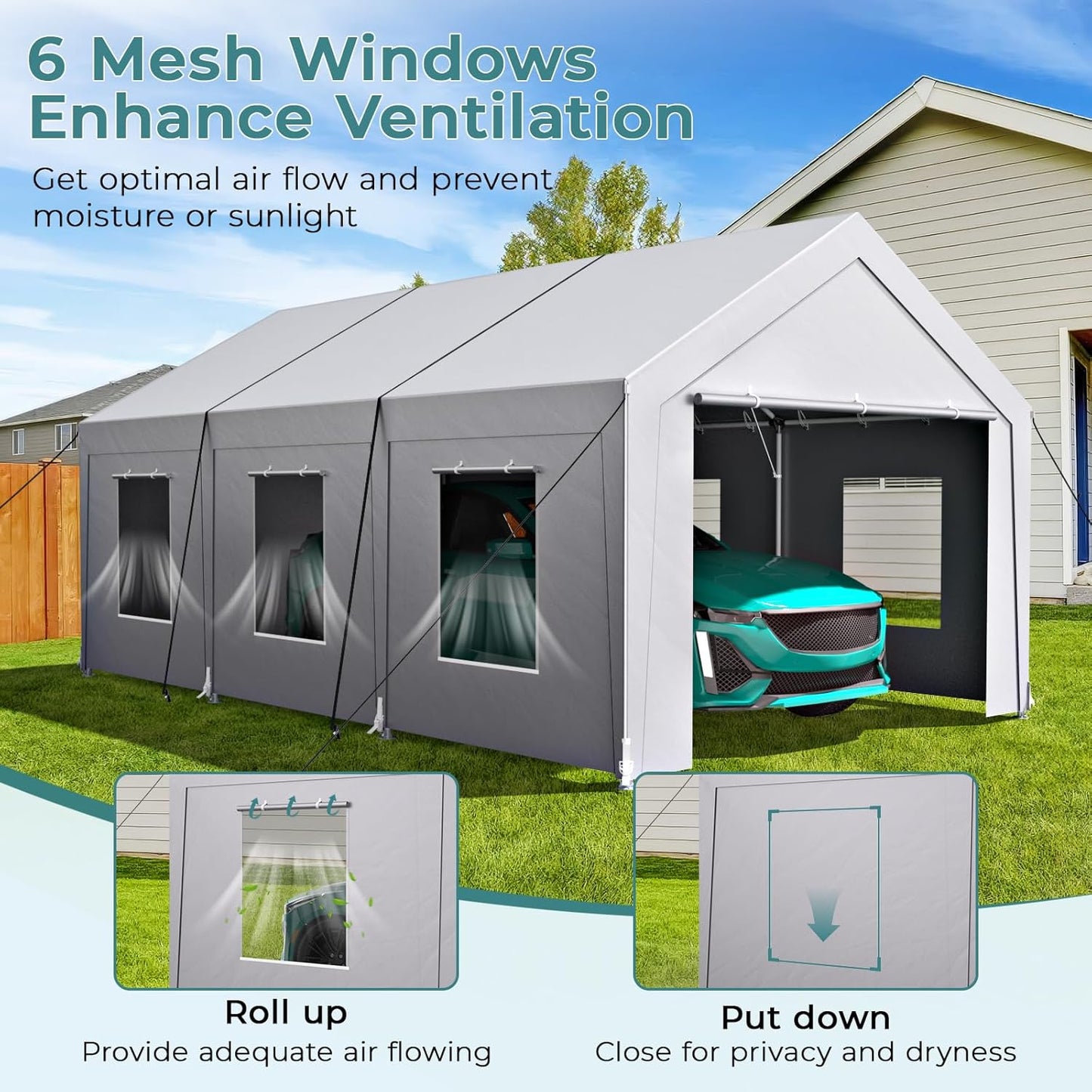 Carport 12x20 ft Heavy Duty, Car Port with Reinforced Steel Frame and 6 Roll-up Windows, Portable Garage with Sturdy Ground Nails, Waterproof All-Season Car Canopy for Boat, Truck, Grey