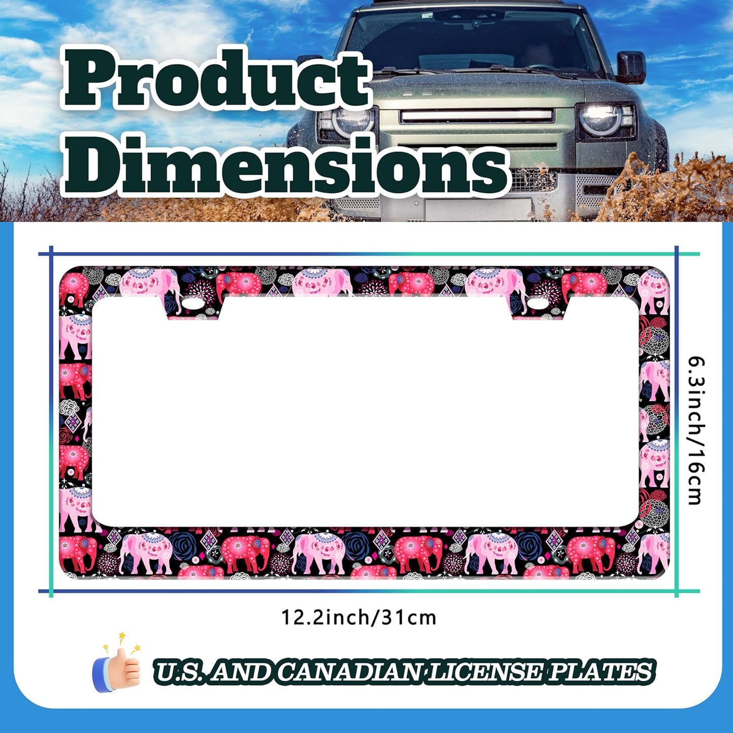 Tribal Elephant License Plate Frame Beautiful Animal License Plate Holder for Front or Rear Car Tags Reusable Stainless Steel Funny Car Decoration with Screws 6.3 X 12.2 Inch