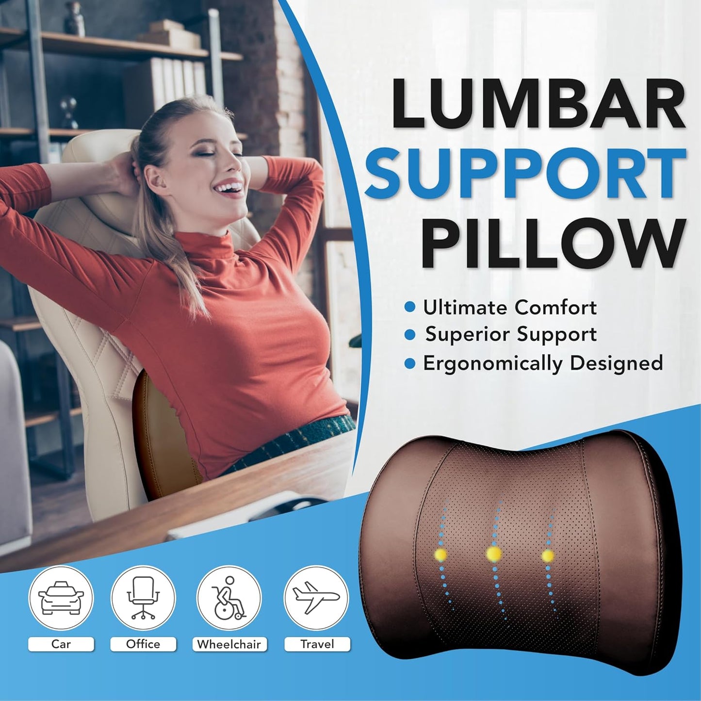 Lumbar Support Pillow for Car, Memory Foam Lumbar Pillow for Lower Back Pain Relief - Back Cushion for Driving, Chair Support for Car-Office Chair, Wheelchair - Classic Brown