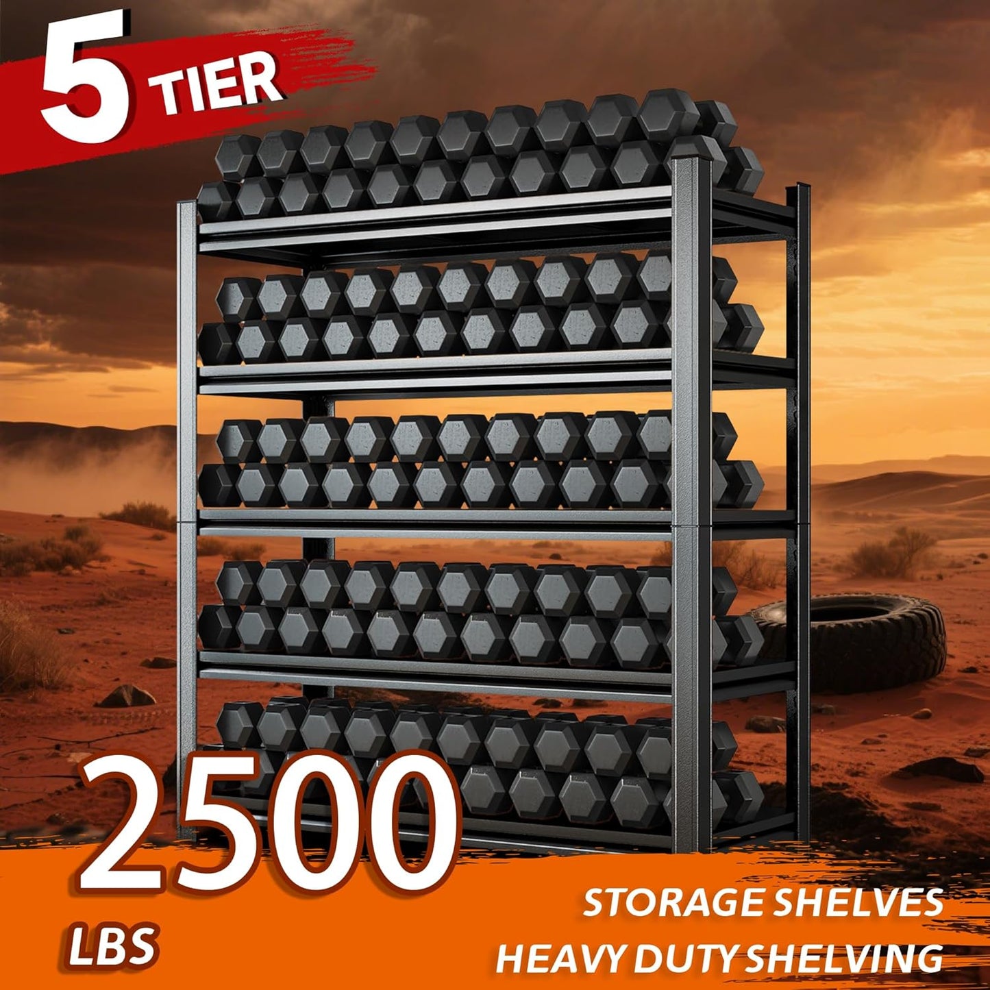 Heavy Duty 5-Tier Shelving Unit 2500LBS Capacity - Adjustable Steel Garage Shelves for Warehouse, Basement Storage(63''H x 35.4''W x 13.8''D)