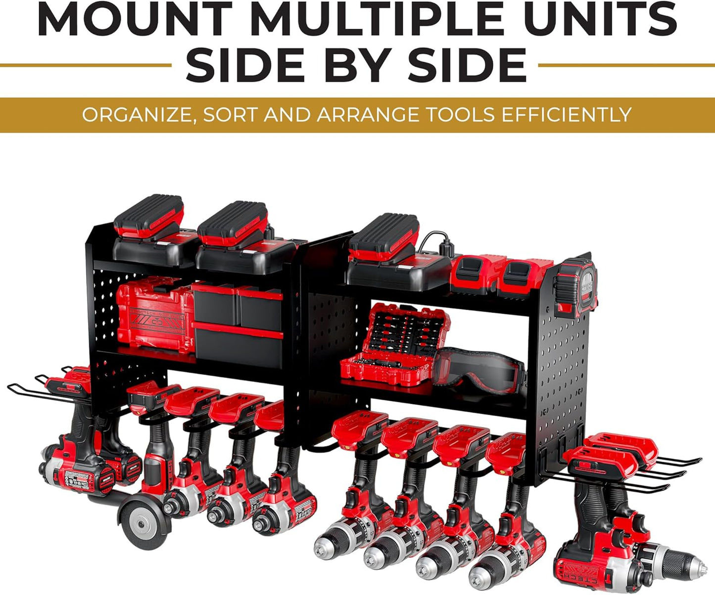 Power Tool Organizer-6 Drill Holder Wall Mount, 3 Tier Heavy-Duty Hand Tool Storage Rack, Utility Racks, Drill Holder, 2 Pegboard Sides - Garage Storage Cordless Tool Organizer (Black)