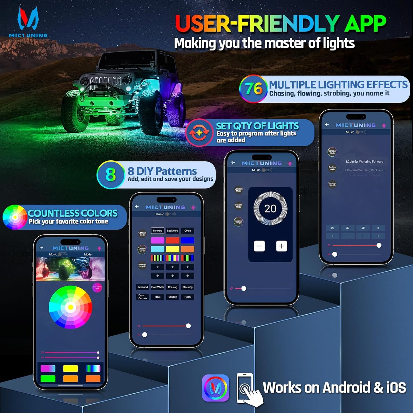 MICTUNING C2 Max RGB+IC Chasing Color LED Rock Lights - 2 pcs (Not inlcude Controller)