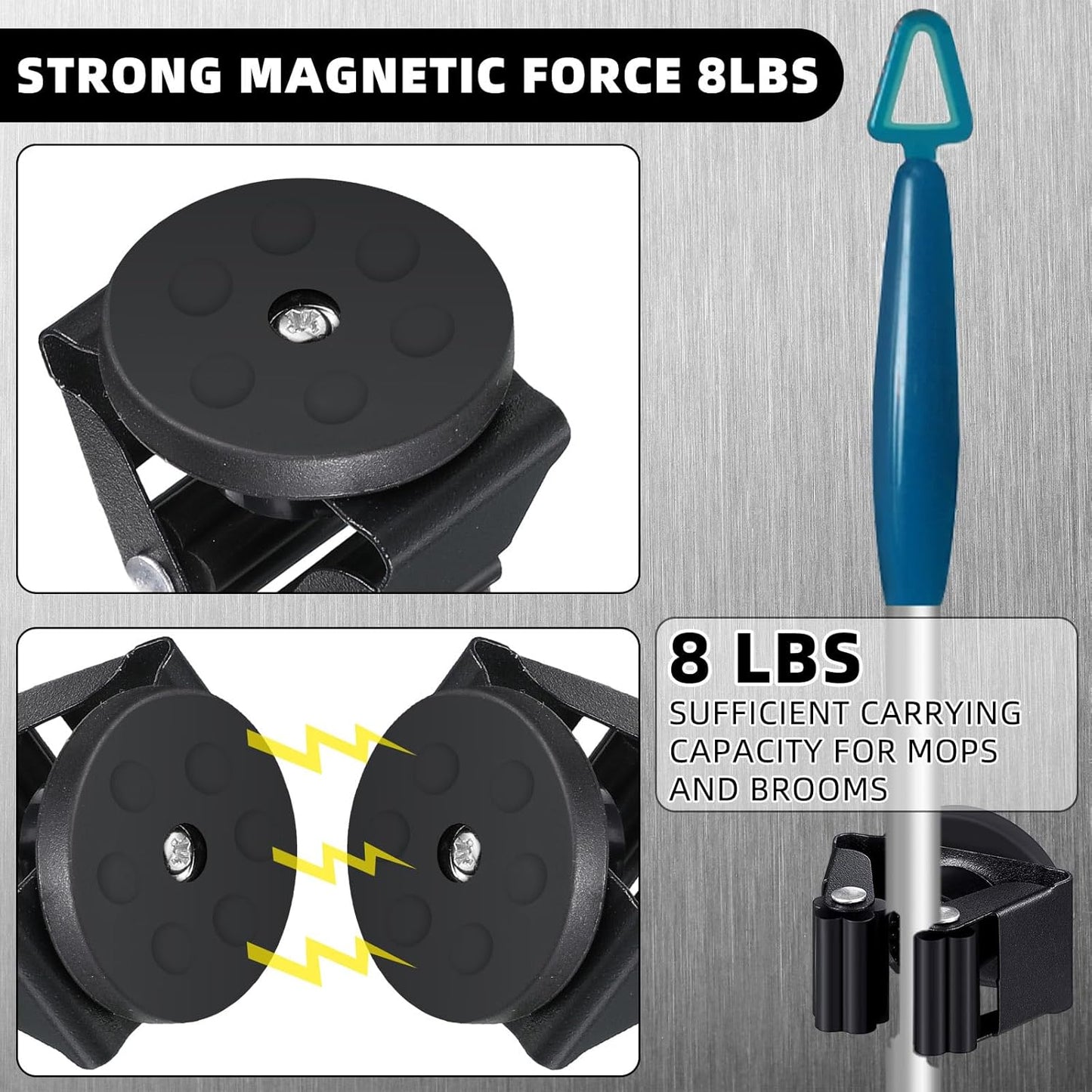 30 Pcs Magnetic Mop Broom Holder Movable Magnetic Broom Holder Rack, Anti Slip Wall Mounted Utility for Cleaning Tools, Garage, Kitchen, Laundry, Garden (Black)