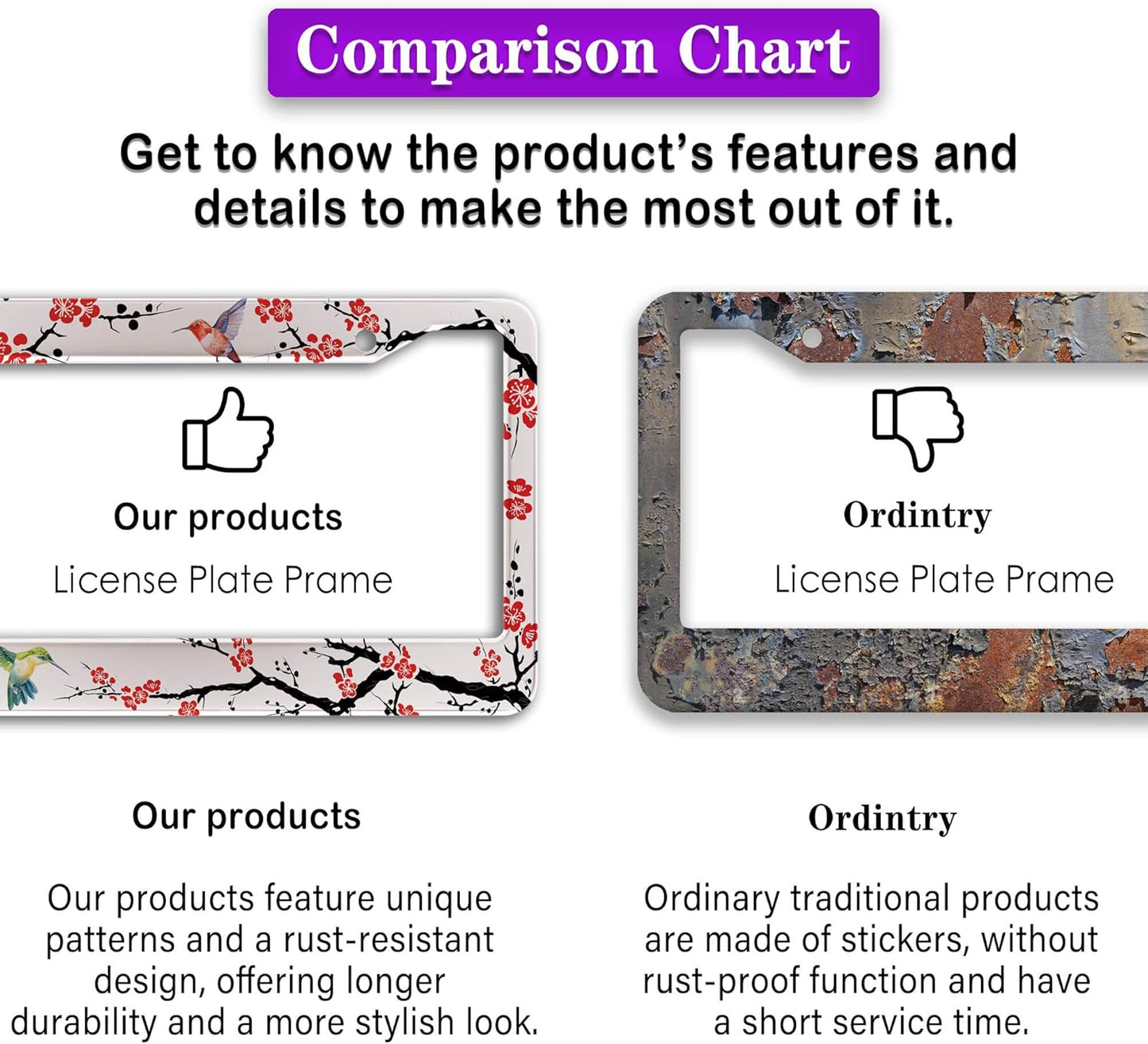 Automotive Exterior Accessories Black, White, and Red License Plate Frames Hummingbird Flowers Universal Aluminum Car Accessory 2 Pack with Screw Covers Set