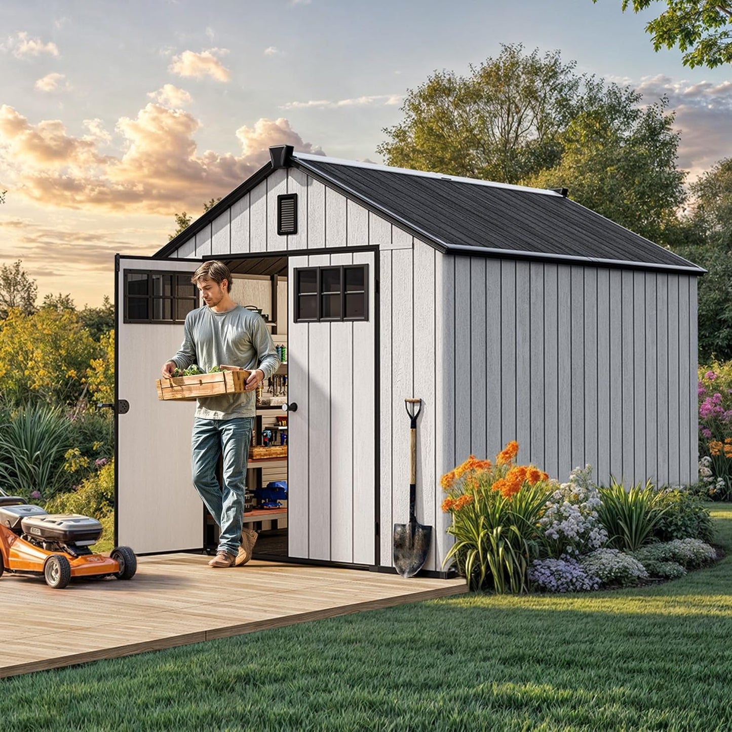 YITAHOME 8x10 FT Outdoor Storage Shed with Floor, Plastic Garden Shed for Bikes, Tools, and Pool Supplies, Outdoor Resin Shed with Lockable Doors, Windows, and Vents for Patio, Lawn, Backyard, Gray