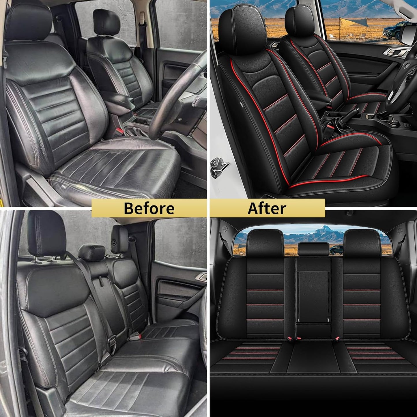 AOMSAZTO Ford Ranger Seat Covers: Full Set Custom Fit 2019 2020 2021 2022 2023 2024 2025 Ford Ranger Breathable Waterproof Leather Seat Protector(5 Seats, Redline)
