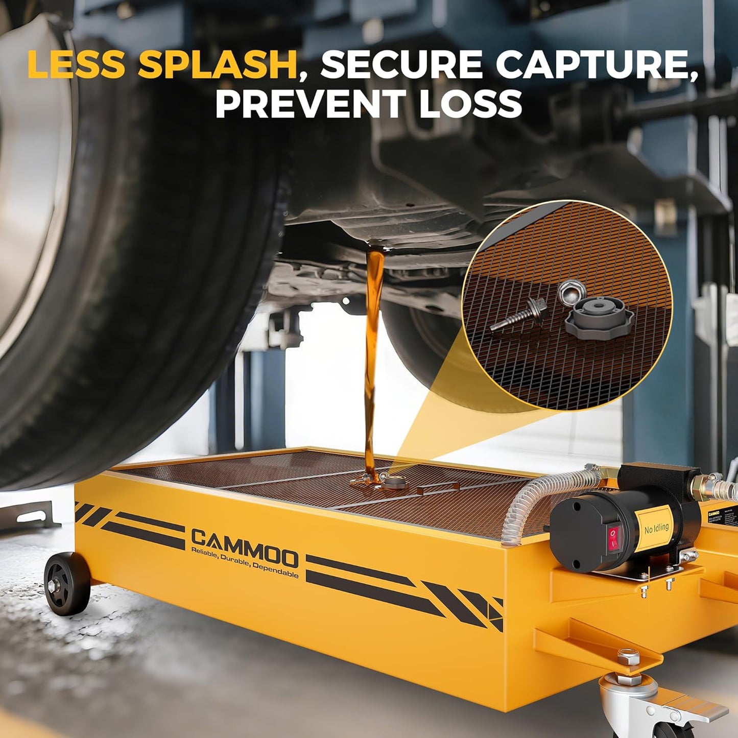 20 Gal Electric Oil Drain Pan, 110V High-Flow Pump, 9.8 FT Hose, 200 W Motor, 2 Locking Swivel Casters and 2 Directional Wheels Stable, Folding Handle, Heavy-Duty for Trucks, RVs, SUVs, Yellow