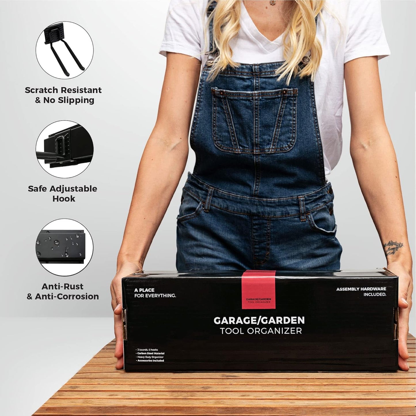 Heavy-Duty Garage Wall Storage System | Wall Mounted Tool Organizer Rack with Shelving | 10-Piece Mounting Kit | Includes 4x10” Double-Layered Hooks & 2x16.5” Floating Utility Shelves