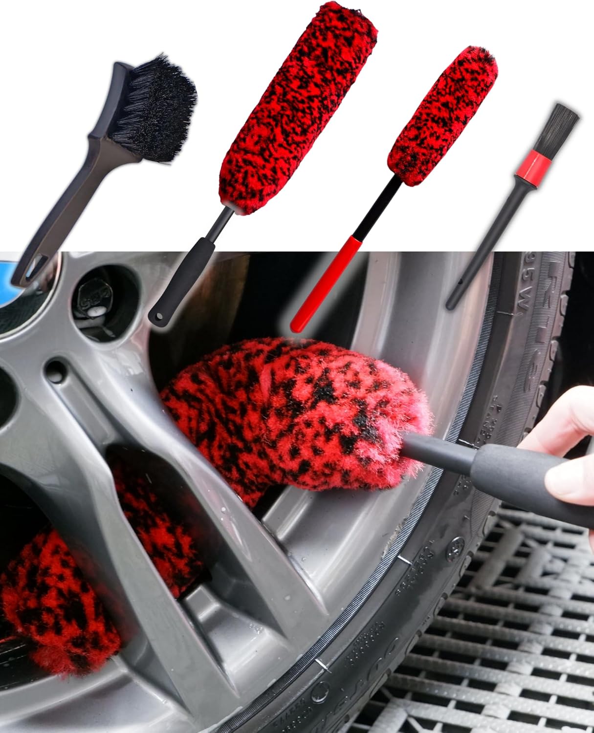Professional 4 Pack Long Handle Wheel Brush Kit for Cleaning Wheel and Tire- 2X Soft Wheel Cleaning Brush, Detailing Brush and Stiff Tire Brush, Bendable& Durable Wheel Rim Cleaner Brush Set