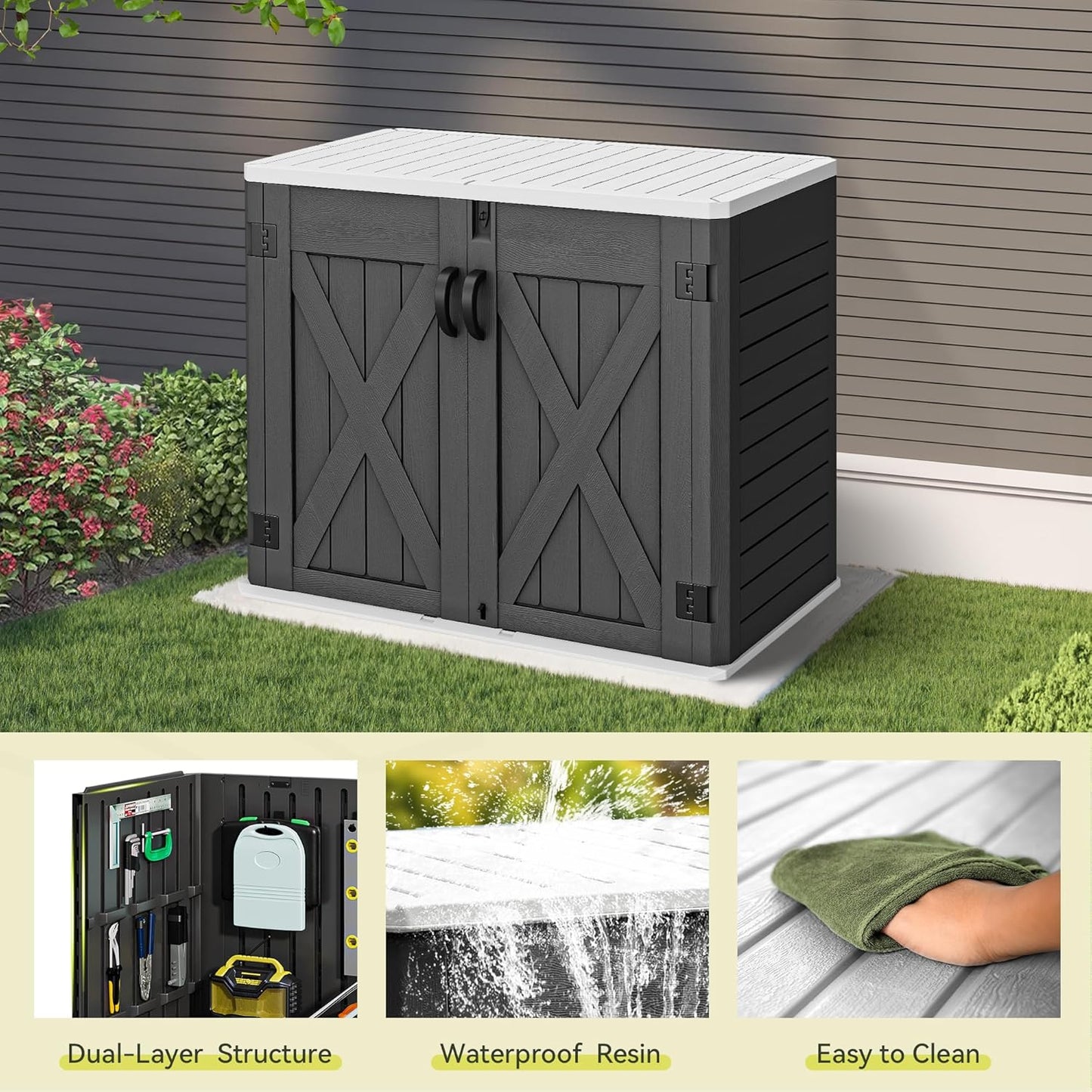 YITAHOME Outdoor Resin Storage Sheds with X-Shaped Lockable Door, 39 in Height Lockable Waterproof Horizontal Shed w/o Shelf, Easy to Assemble Shed Storage for Garden Tools, Dark Gray