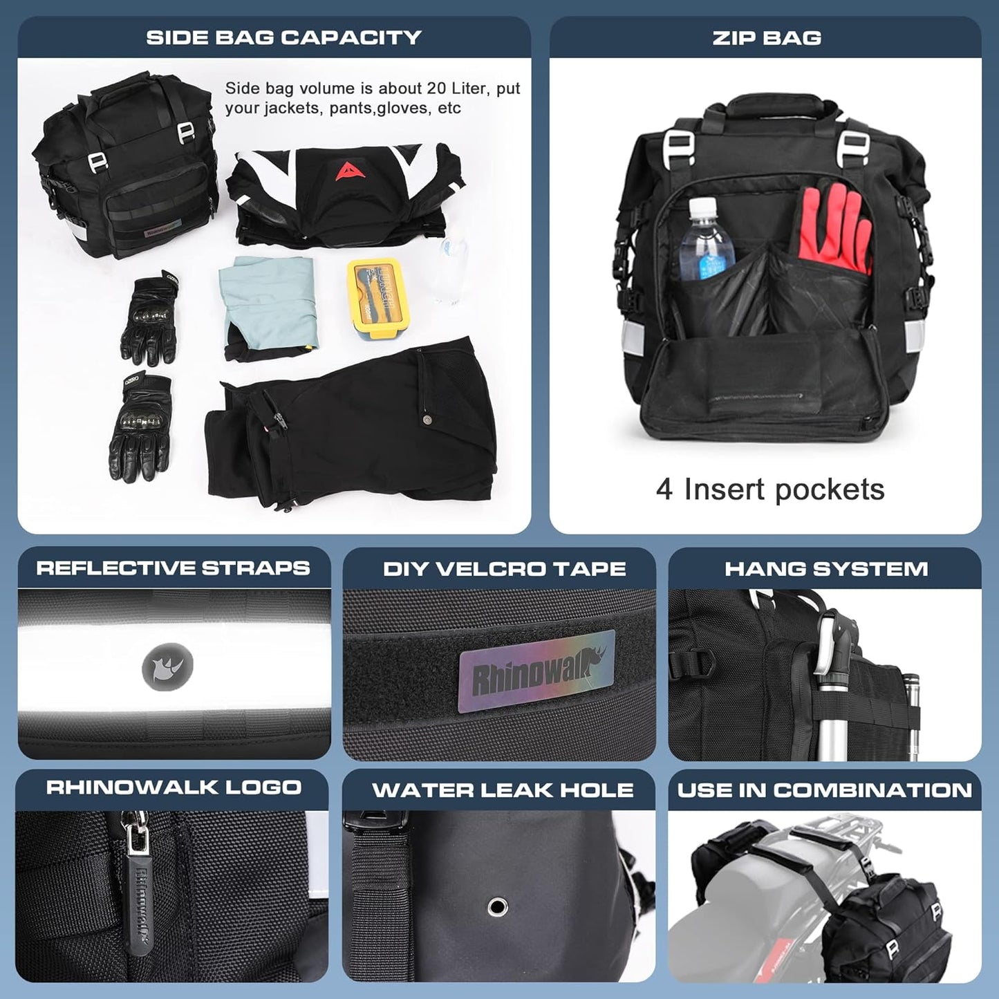 Rhinowalk Waterproof Motorcycle Saddlebags Luggage Bags 20L Quick Release for Adventure & Sport Bikes, Black (1 Pack)