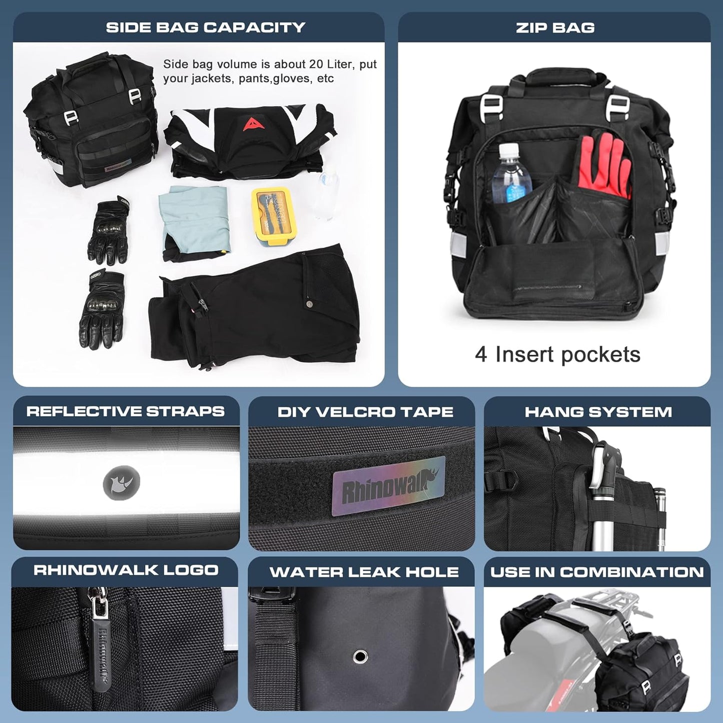 Rhinowalk Motorcycle Saddlebags Waterproof 20-25L Motorcycle Side bag Motorbike Hanging Bags Motorbike Accessories Black,1 pack