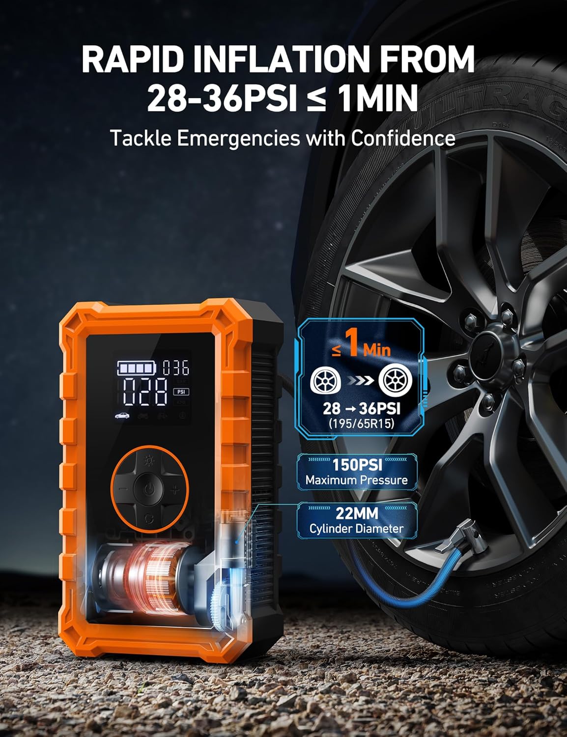 AstroAI S8 Air Jump Starter with Air Compressor, 1500A Peak Car Battery Jump Starter Portable (6.0 Gas/3.0L Diesel) with 150PSI Cordless Auto-Shutoff Tire Inflator, 12V Battery Charger Booster(Orange)