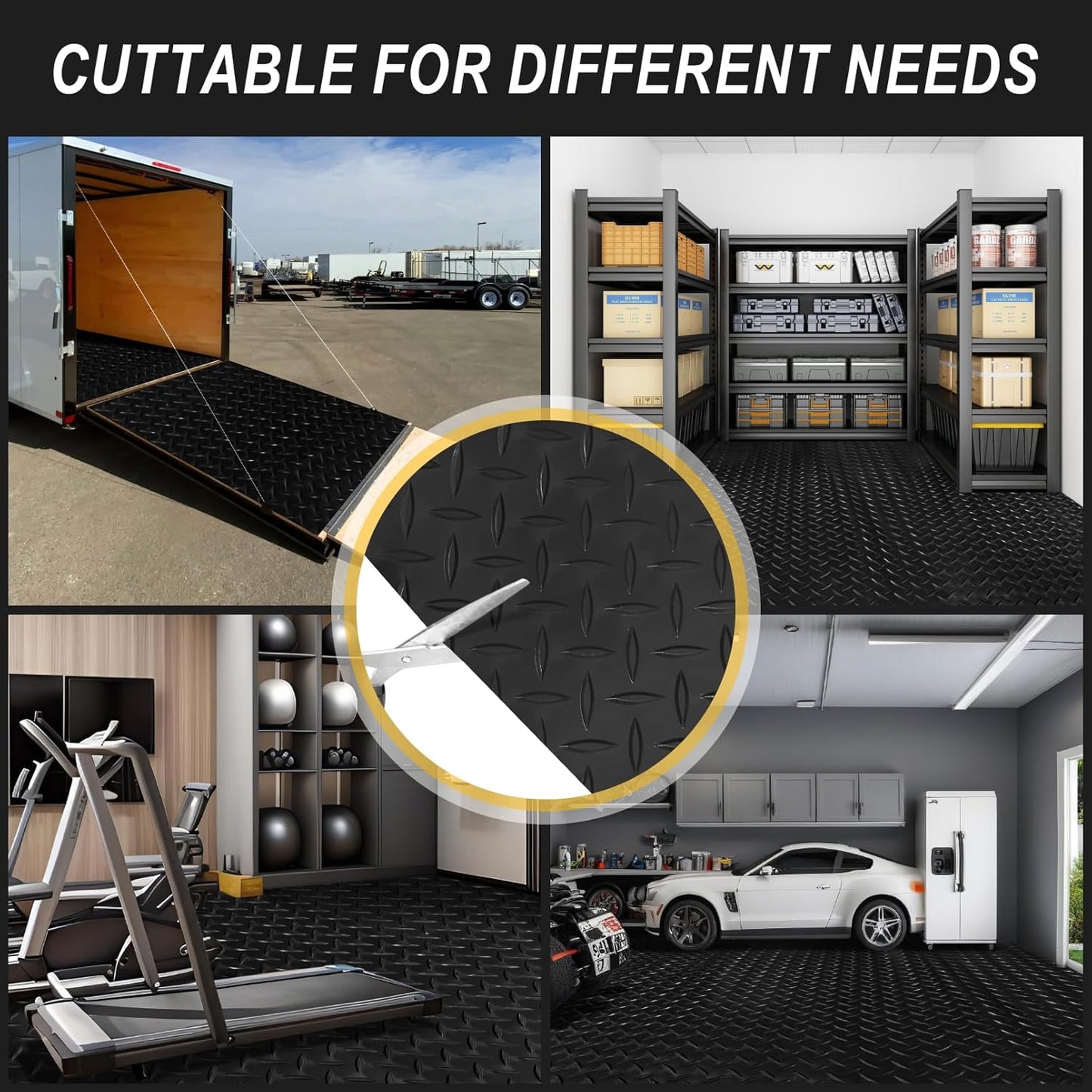 8x20 FT Garage Floor Mat, 2.8mm Thickened Flooring Roll Diamond Plate PVC Rubber Trailer Mat with 20 Pcs Tapes, Non-Slip Floor Protector Mat for Garage, Warehouse, Gyms, Trailer, Black