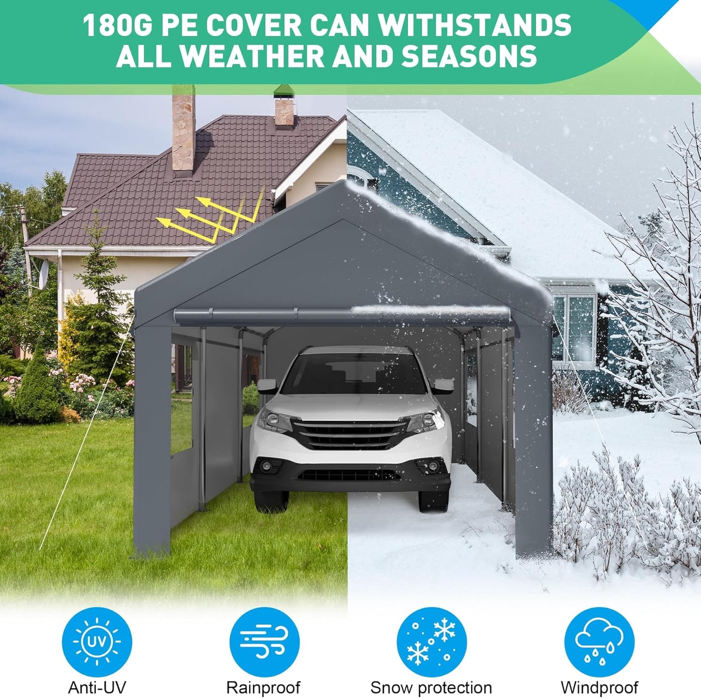 10X20 Ft Heavy Duty Carport Canopy, Portable Garage, Car Tents, Easy to Assemble, Reinforced Structure, with Hanging Edge, Applicable to Car, Bike, Boat, Party (Gray)
