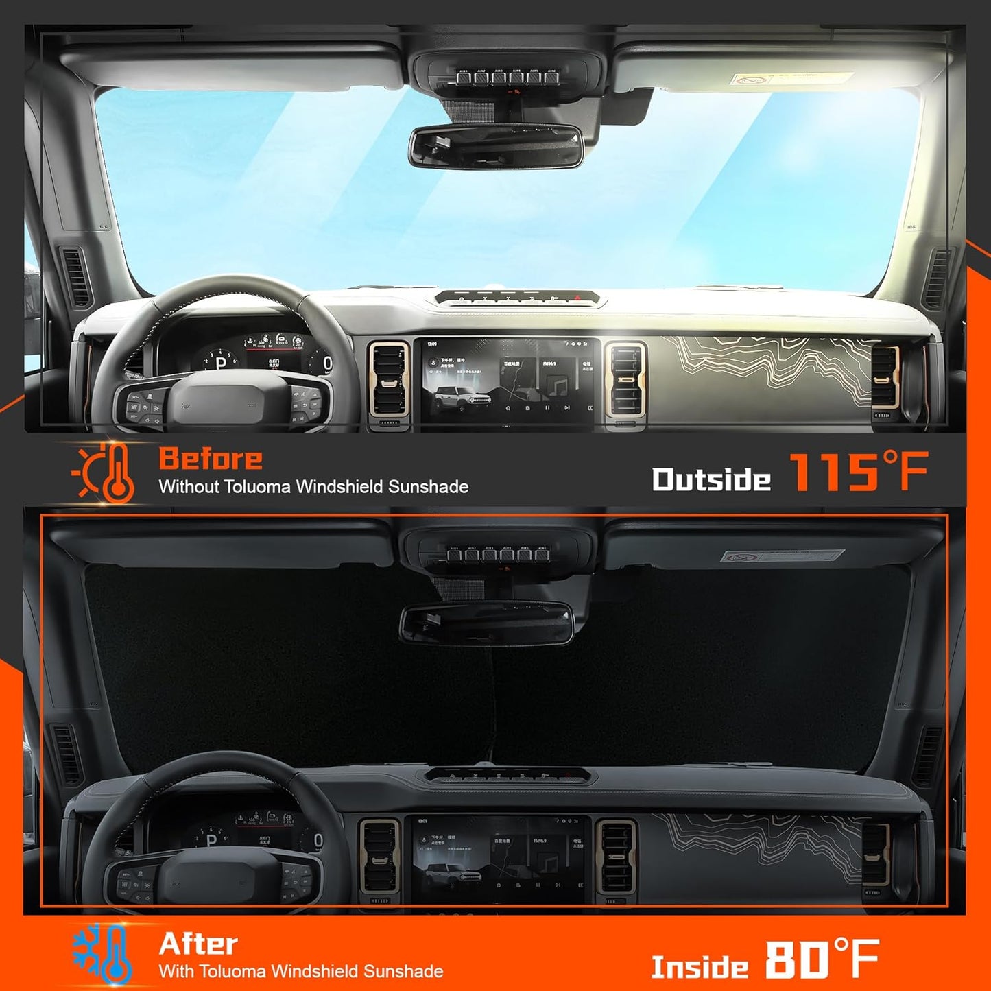 Custom Fit Windshield Sun Shade for Rivian R1S 2022-2025 - Full Coverage, 210T Reflective Fabric, Double-Layer Design - Blocks 99% UV Rays, Keeps Car Cool, Easy to Install and Store