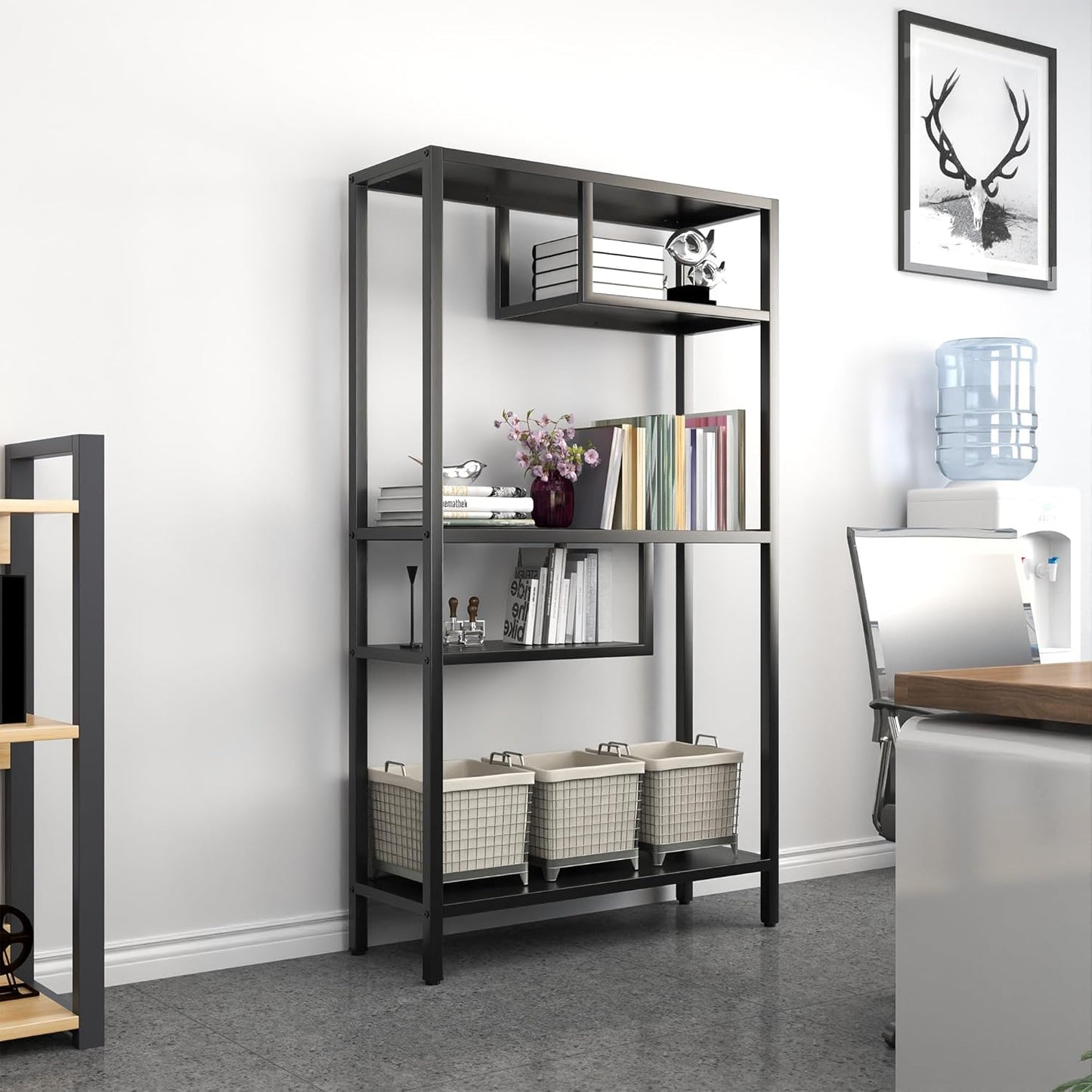 Metal Storage Shelving Unit, Decorative Geometric Bookcase, Modern Freestanding Display Shelves, Tall Book Shelf Unit for Living Room Bedroom Office, Easy Assembly