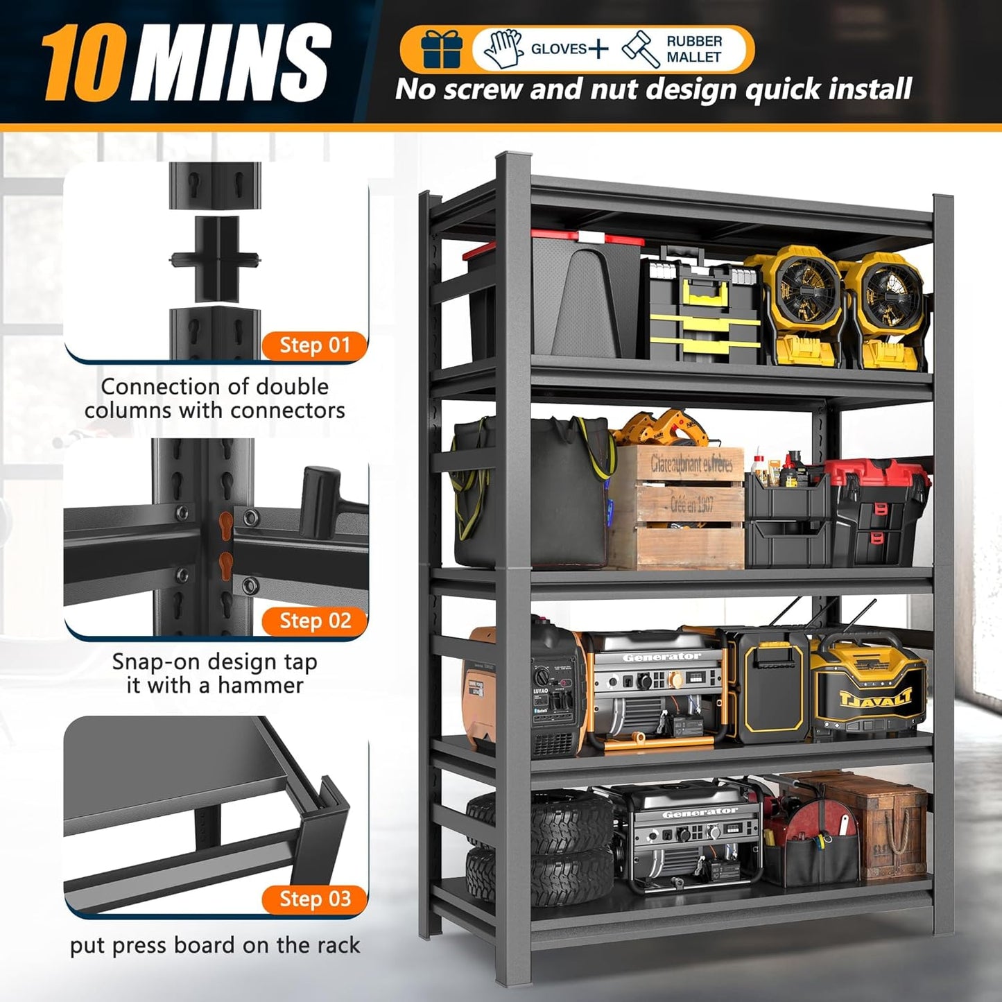 Heavy Duty Commercial Metal Garage Shelving Rack,Adjustable Industrial Steel Storage Shelves for Warehouse, Garage, Basement, 87" H x 47.2" W x 23.6" D, Black