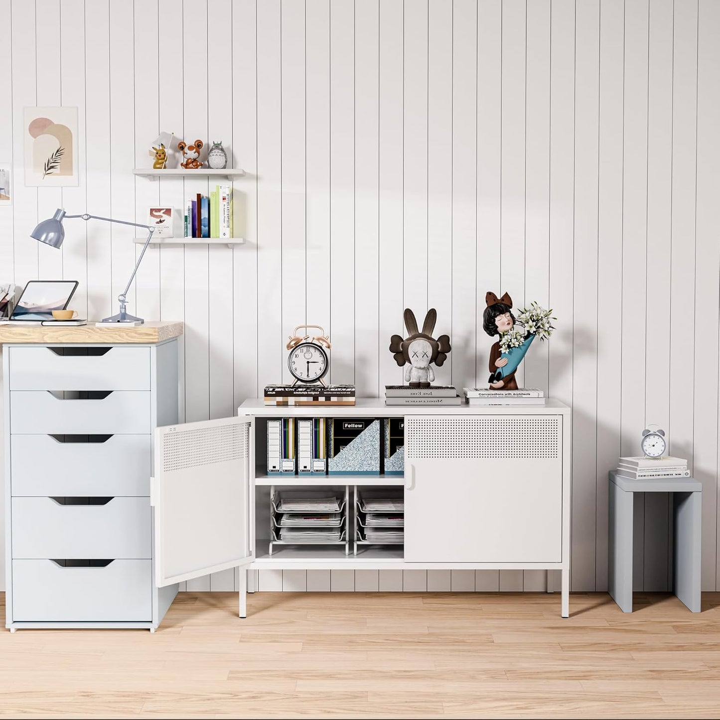 2 Door Storage Sideboard, Metal Storage Cabinet with 2 Adjustable Shelf,Multipurpose Metal Accent Cabinet for Office Home,Music Studio (White, 25''H)