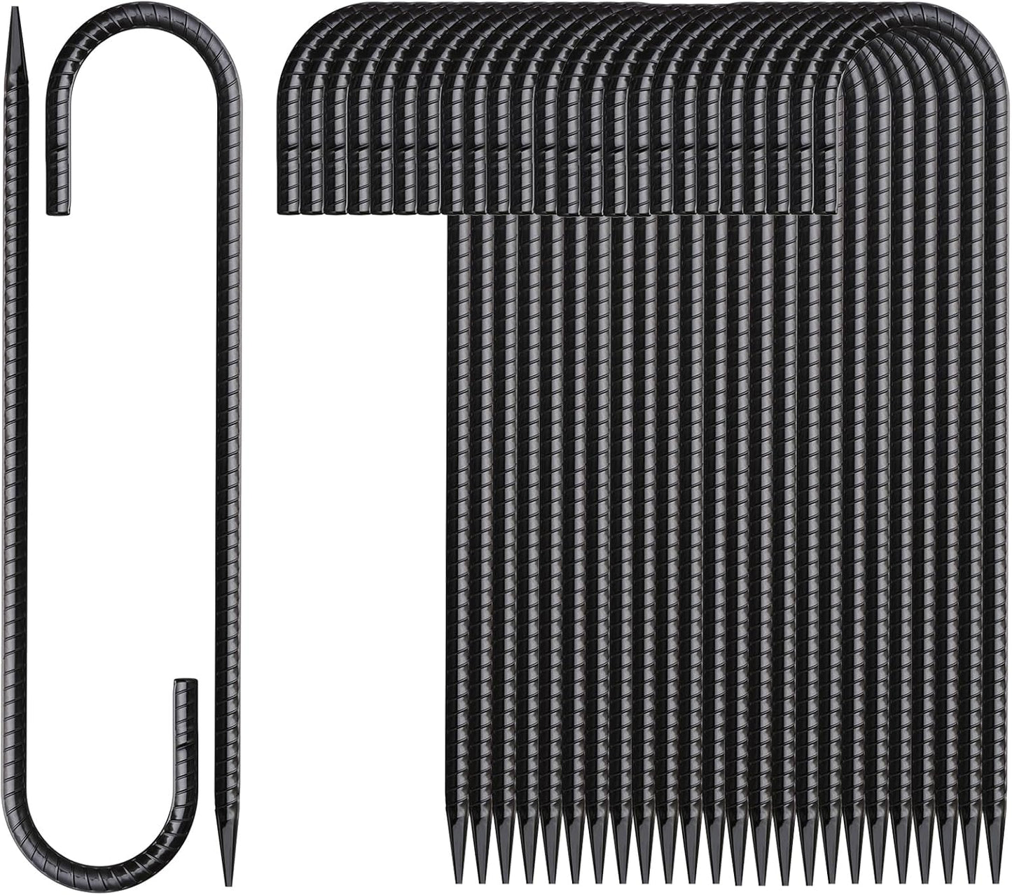 16 Inch Rebar Stakes J Hook 26 Pack Ground Stakes Heavy Duty Tent Stakes with Chisel Point End Chain Link Fence Stakes Galvanized Steel Ground Anchors Metal Spikes Black Coated