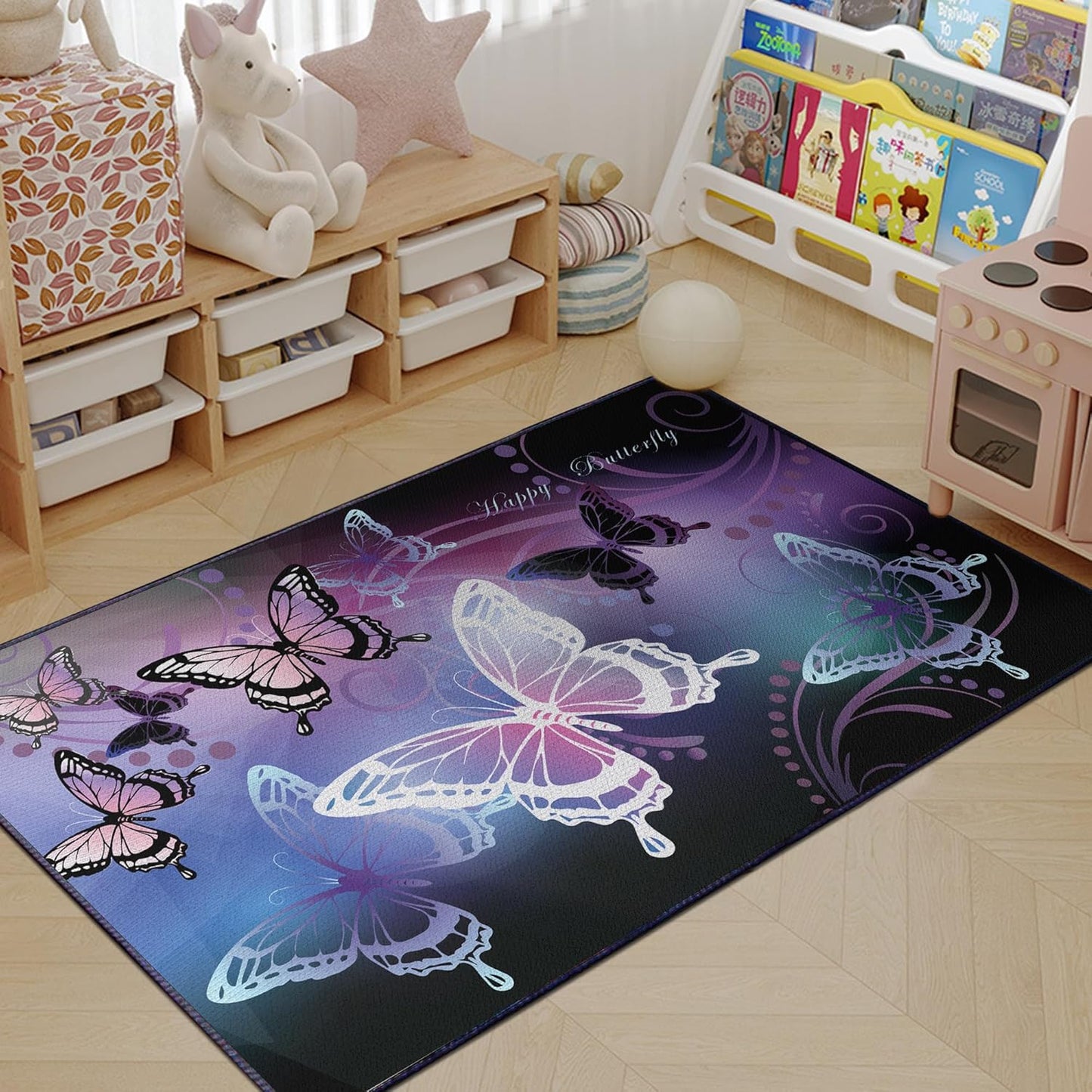 Beautiful Butterfly Fantasy Rug for Playroom Girls Bedroom Colorful Rainbow Butterfly Decor Area Carpet 2x3 Purple Mat 3D Printed Non-Slip Washable