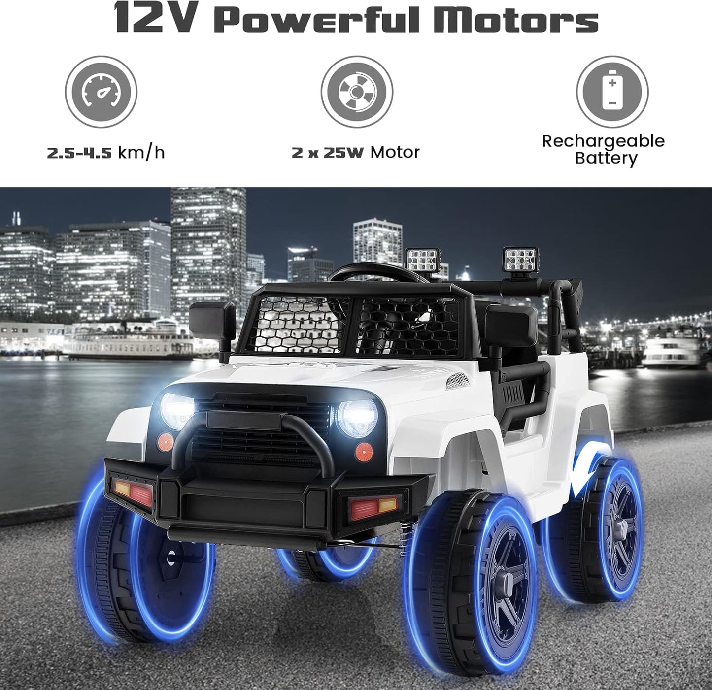 OLAKIDS Kids Ride On Truck, 12V Electric Vehicle Jeep Car with Remote Control, Toddlers Battery Powered Toy with 2 Speeds, Spring Suspension, Double Open Doors, LED Lights, Music, TF, USB, Mp3 (White)