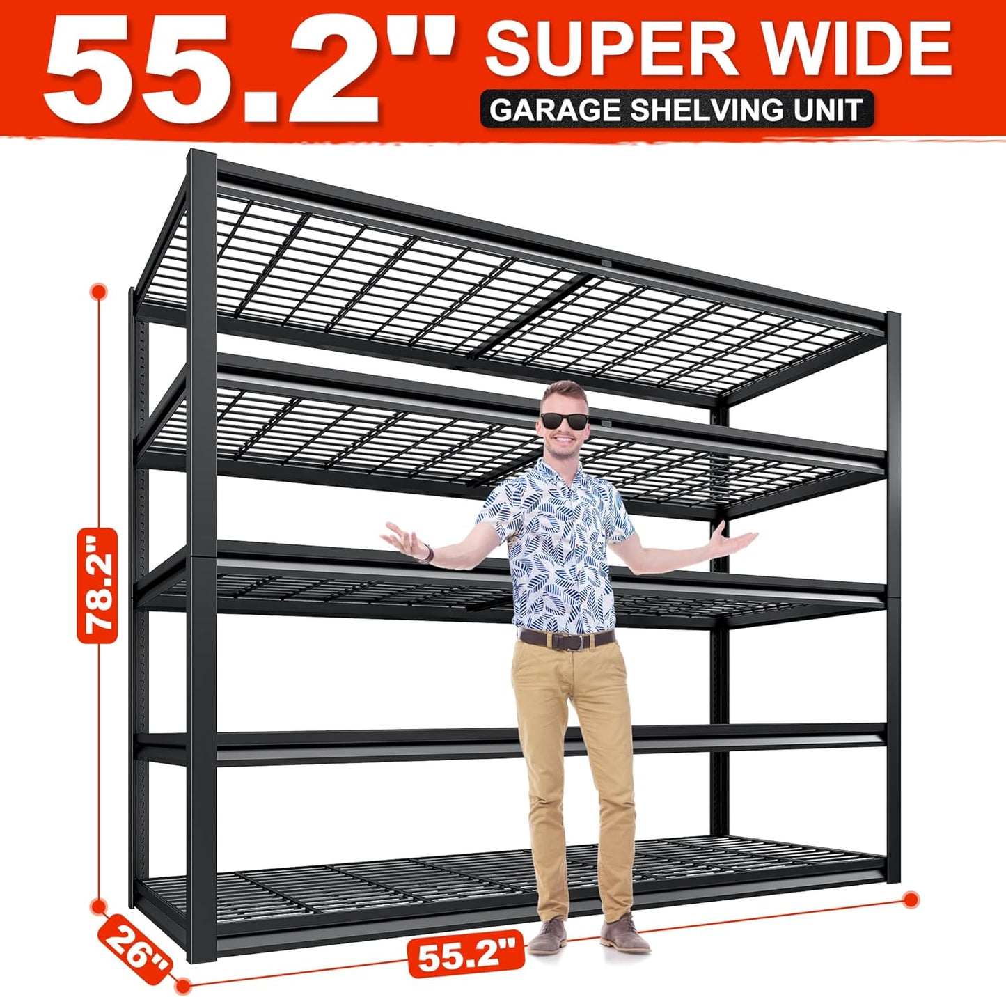 REIBII 55.2'' W x 78.2'' H x 26'' D, 5-Tier Metal Garage Shelving Units, 3000LBS Capacity, Adjustable Heavy Duty Shelves, 2 Pack
