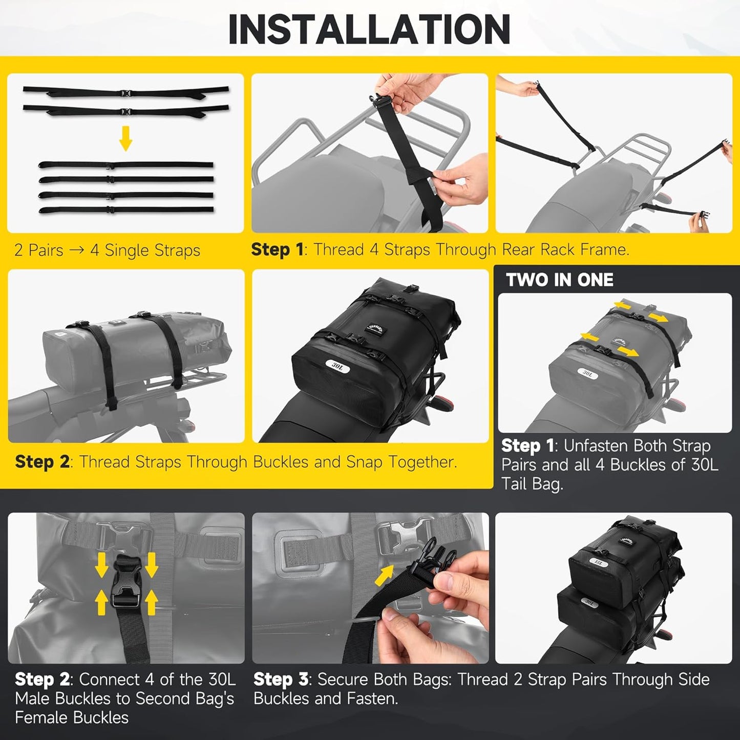 Motorcycle Tail Bag, 30L Waterproof Saddle Bag, 2 Size and 3 Color Options Motorcycle Travel Bag, PVC Luggage Bag, Rear Seat Bag, Classic Black GT-30BL