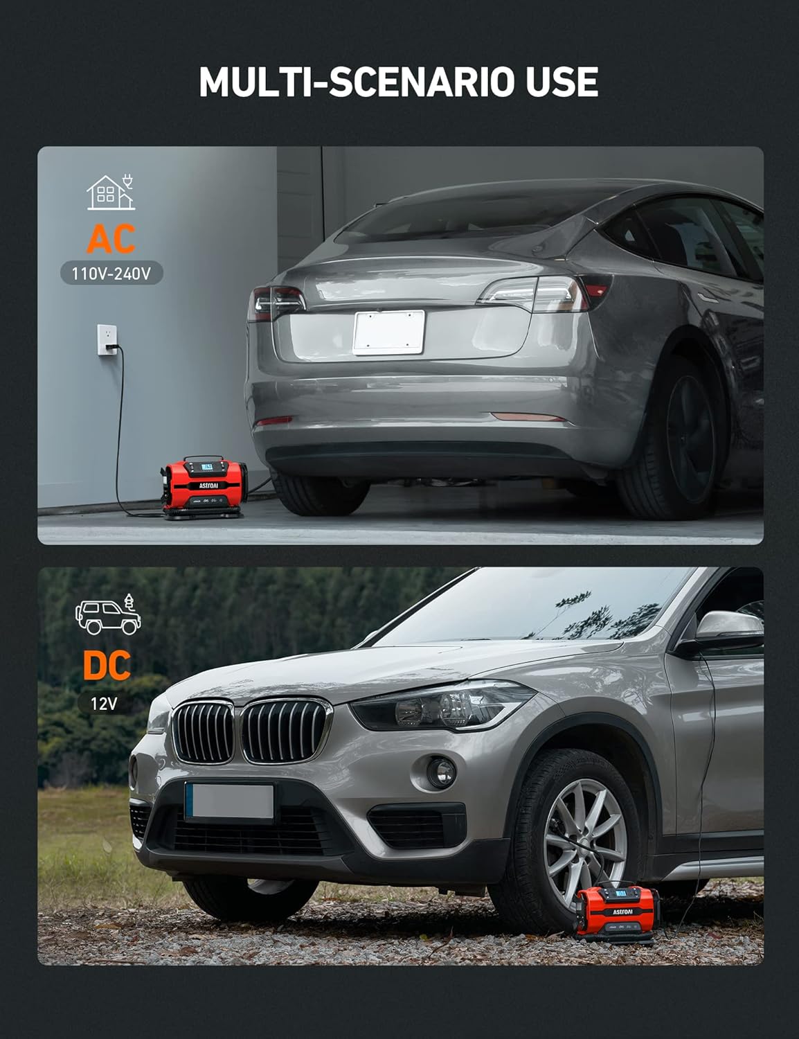 AstroAI Tire Inflator Portable Air Compressor Pump 150PSI 12V DC/110V AC with Dual Metal Motors &LED Light， Automotive Car Accessories&Two mode for car, bicycle tires and air mattresses, Red