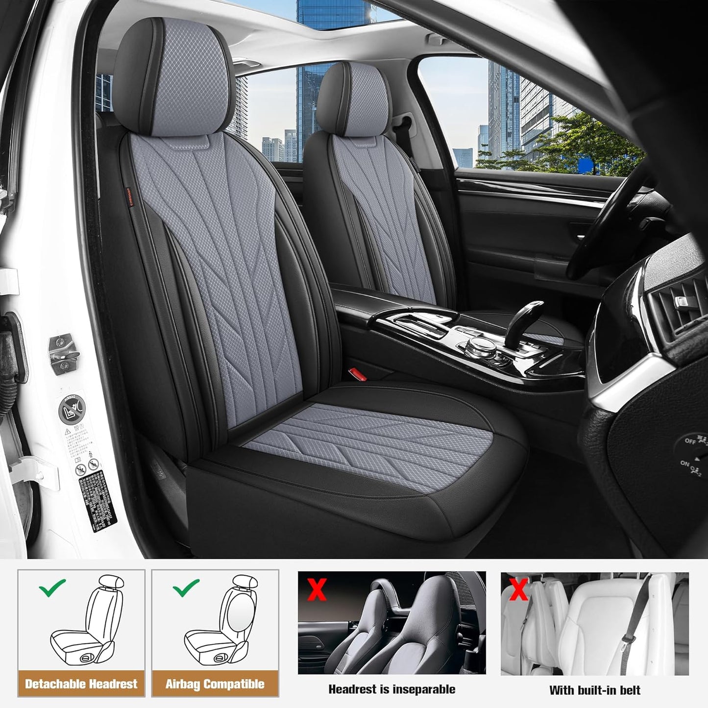 CAROMOP Luxury Faux Leather&Fabric Car Seat Covers Full Set with Breathable 3D Foam Back Support,Universal Comfortable Seat Covers for Cars,Trucks,SUVs, Front Armrests Compatible(5-Seat Black/Grey)