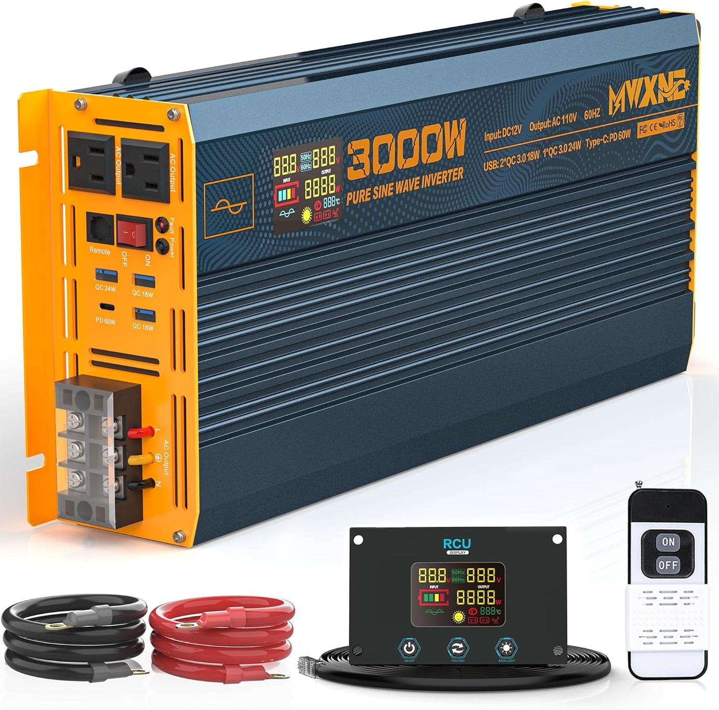 3000W Pure Sine Wave Power Inverter DC 12V to 110V 120V with Fast Charging Type-C& 3 USB Ports LCD Display Remote Controller Power Inverters for Vehicles,RV,Truck,Home,Off-Grid Solar System