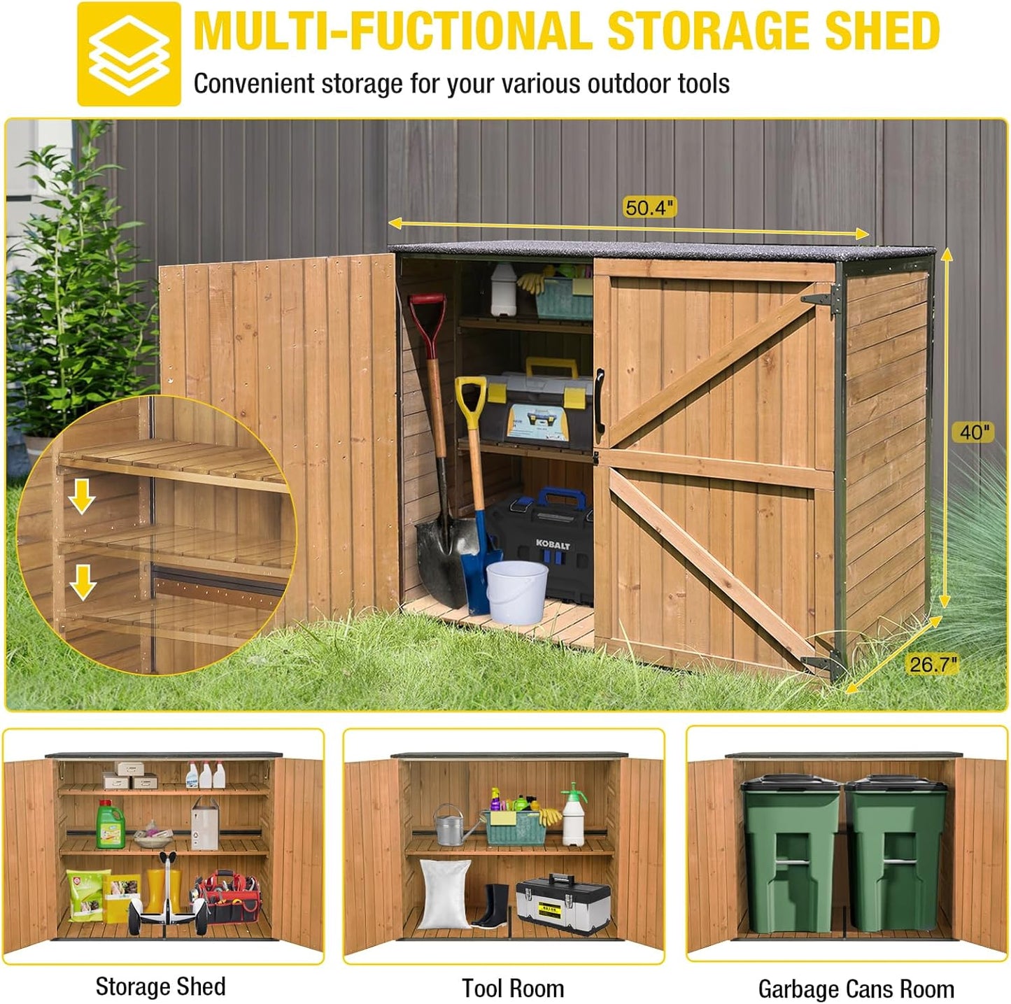 Aivituvin Outdoor Storage Shed Upgraded with Strong Metal Frame Horizontal Storage Cabinet for Trash Cans and Yard Tools 4.2 ft. x 2.3 ft.