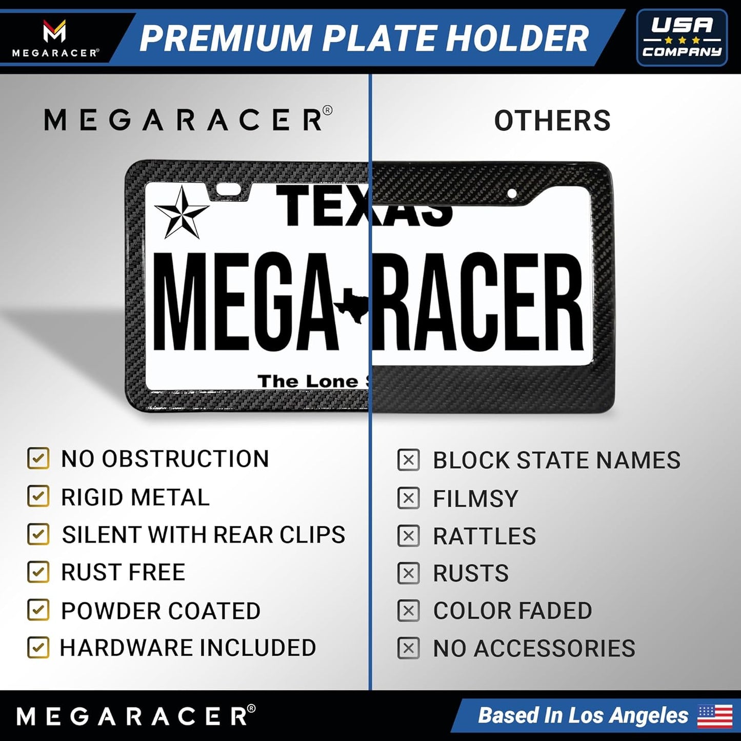 Premium Slim Carbon Fiber Design License Plate Frames – 2 Pack, Rust-Free Stainless Steel & Rattle-Free, Street Legal, Universal with Screw Caps Cover, Thin Metal Front & Rear Car Tag Holders for Men