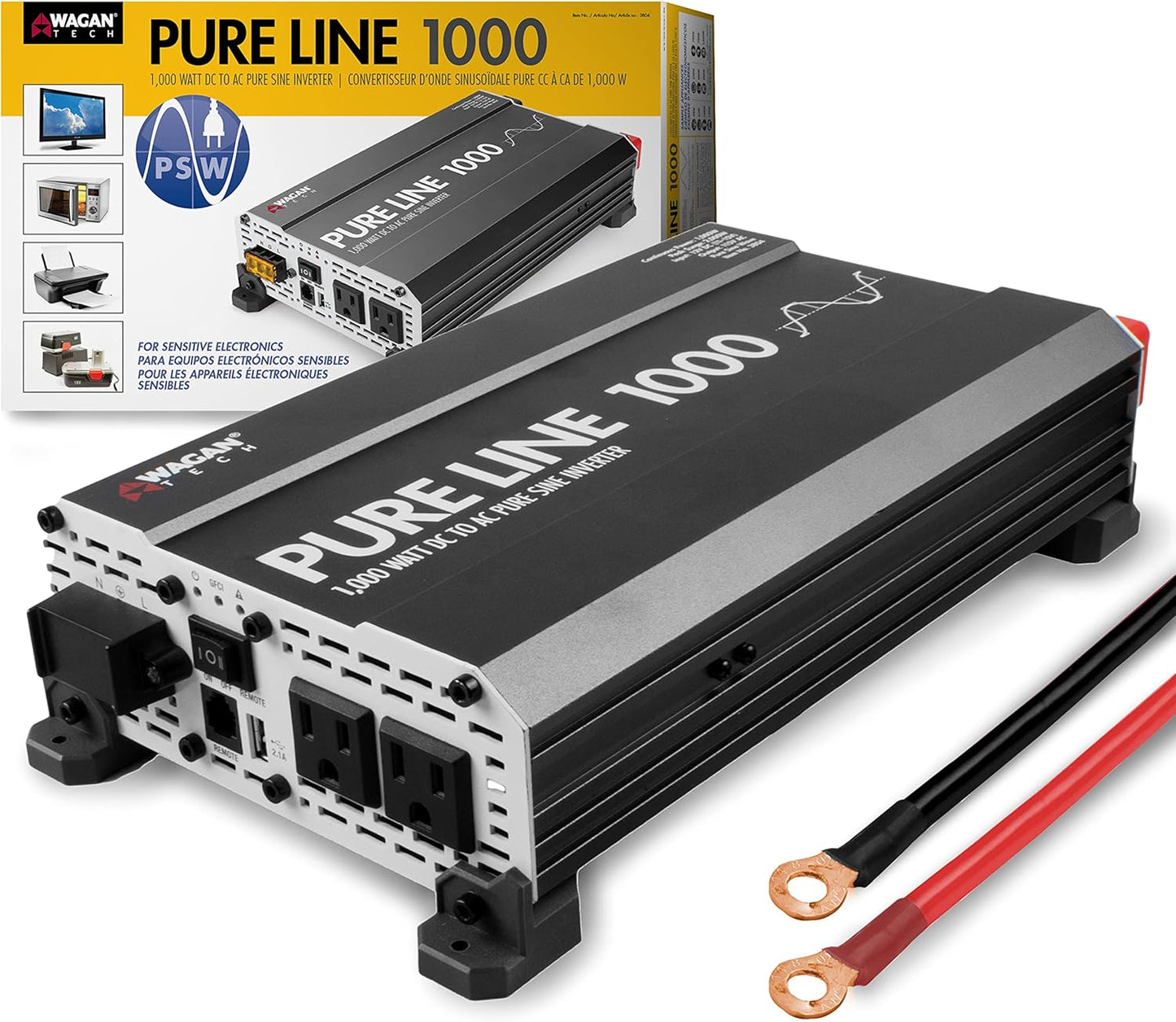 Wagan EL3804 Pure Line Inverter 1000 Watt DC 12V to 110V AC Car Pure Sine Wave Power Inverter for Home RV Camping Van Life Off Grid ETL Certified