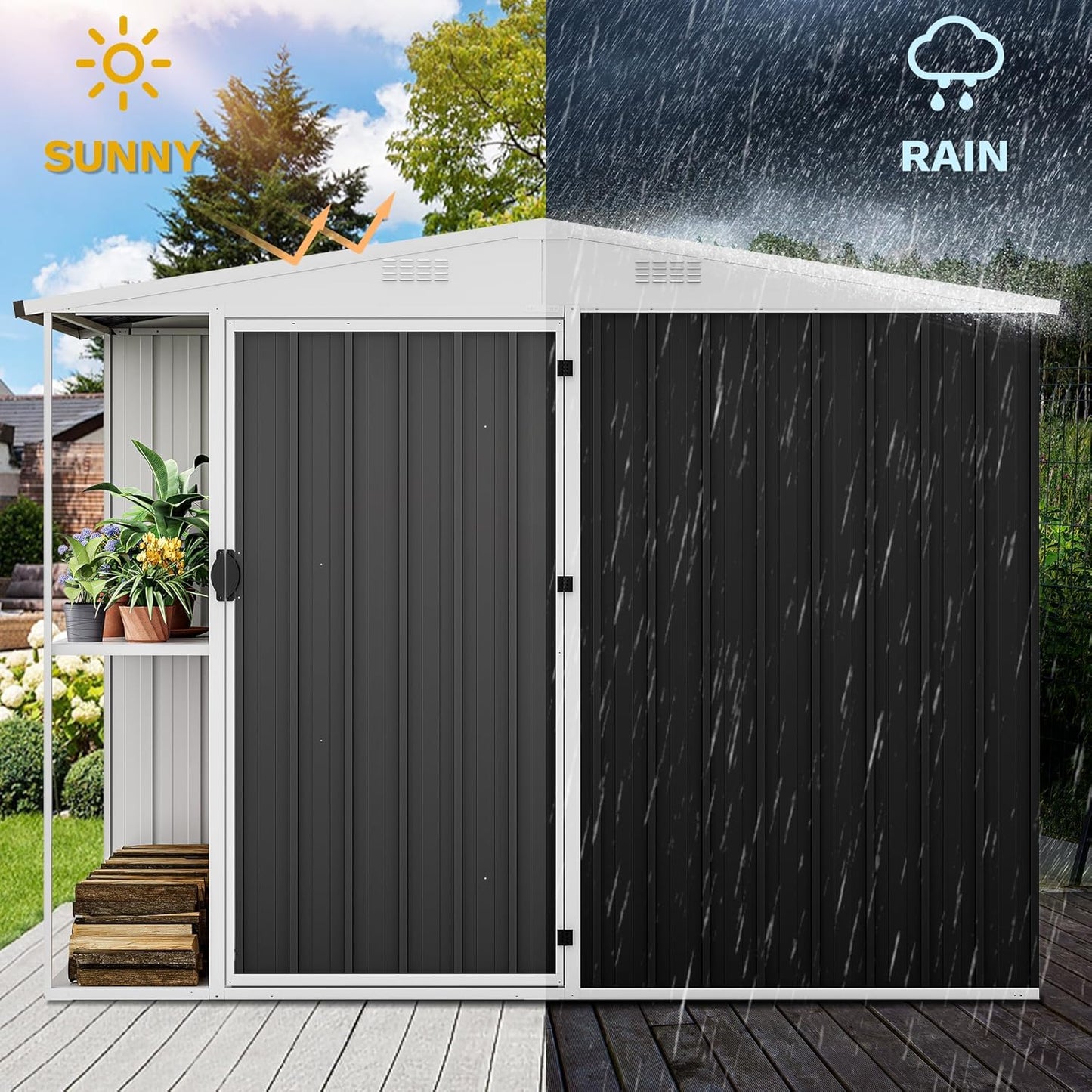 DWVO 8 x 4 ft Outdoor Storage Shed with 2-Tier Shelf, Metal Tool Shed & Garden Storage Cabinet for Backyard, Patio, Equipment & Bike, Dark Gray