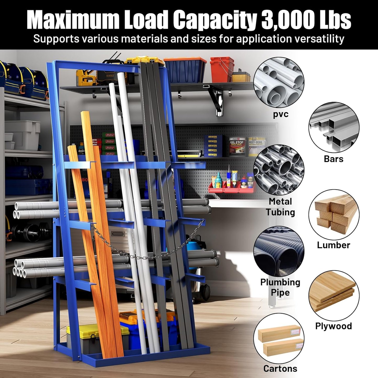 Vertical Bar Rack, 3000 LB Capacity, Steel Bays Long Parts Storage Rack, Lumber and Metal Garage Organizer, Heavy Duty Pipe Organizer Shelf With Chain for Garage Basement Pantry